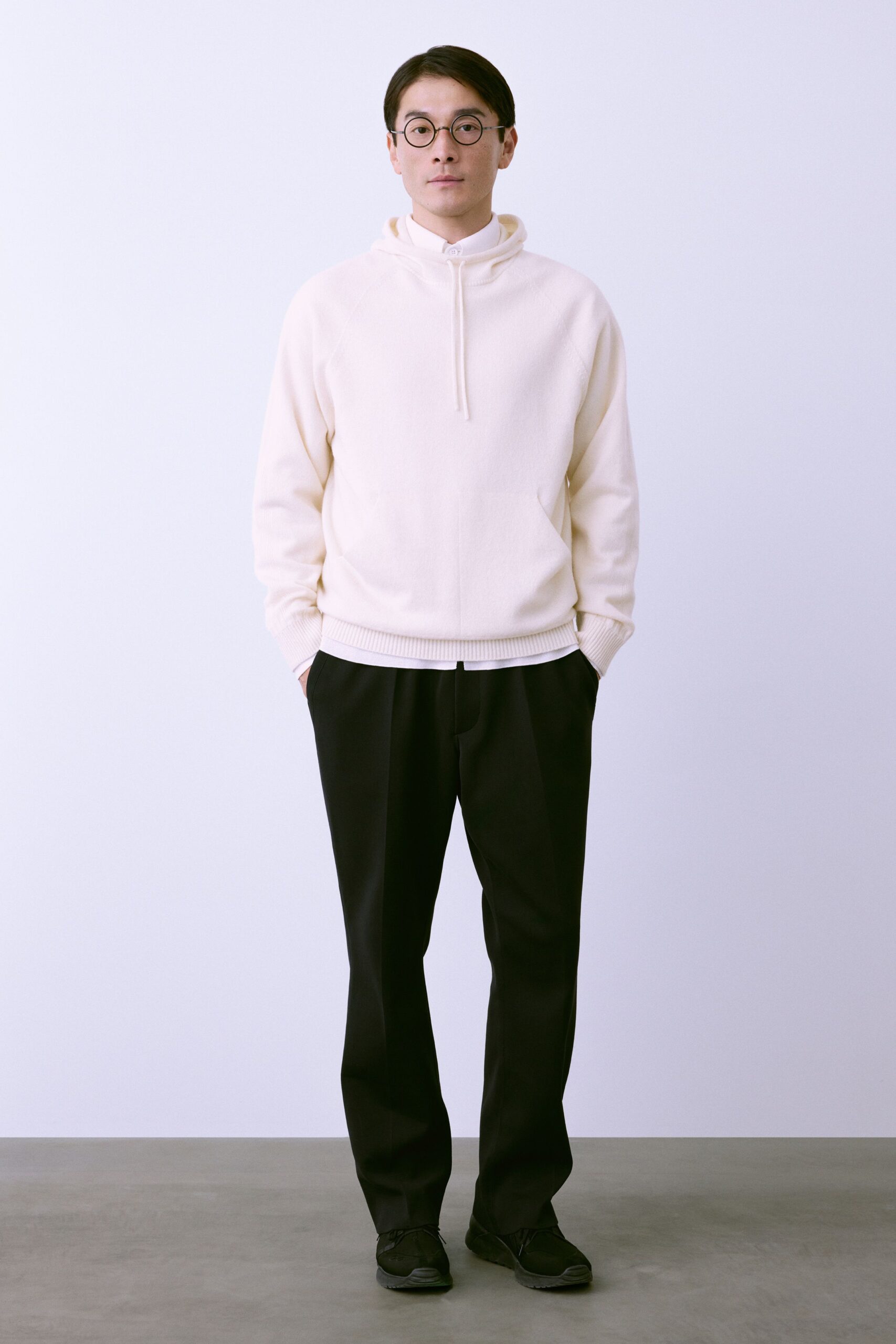 white hoodie black tailored pants