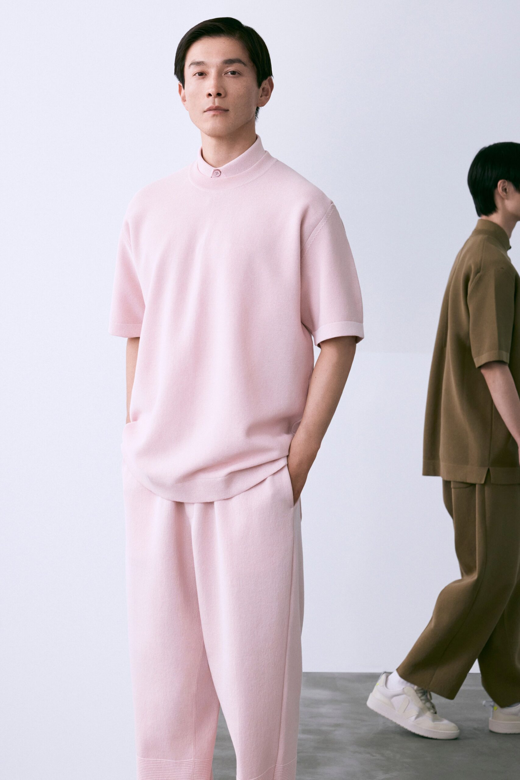 pink knit short-sleeve high-neck oversized buttoned top