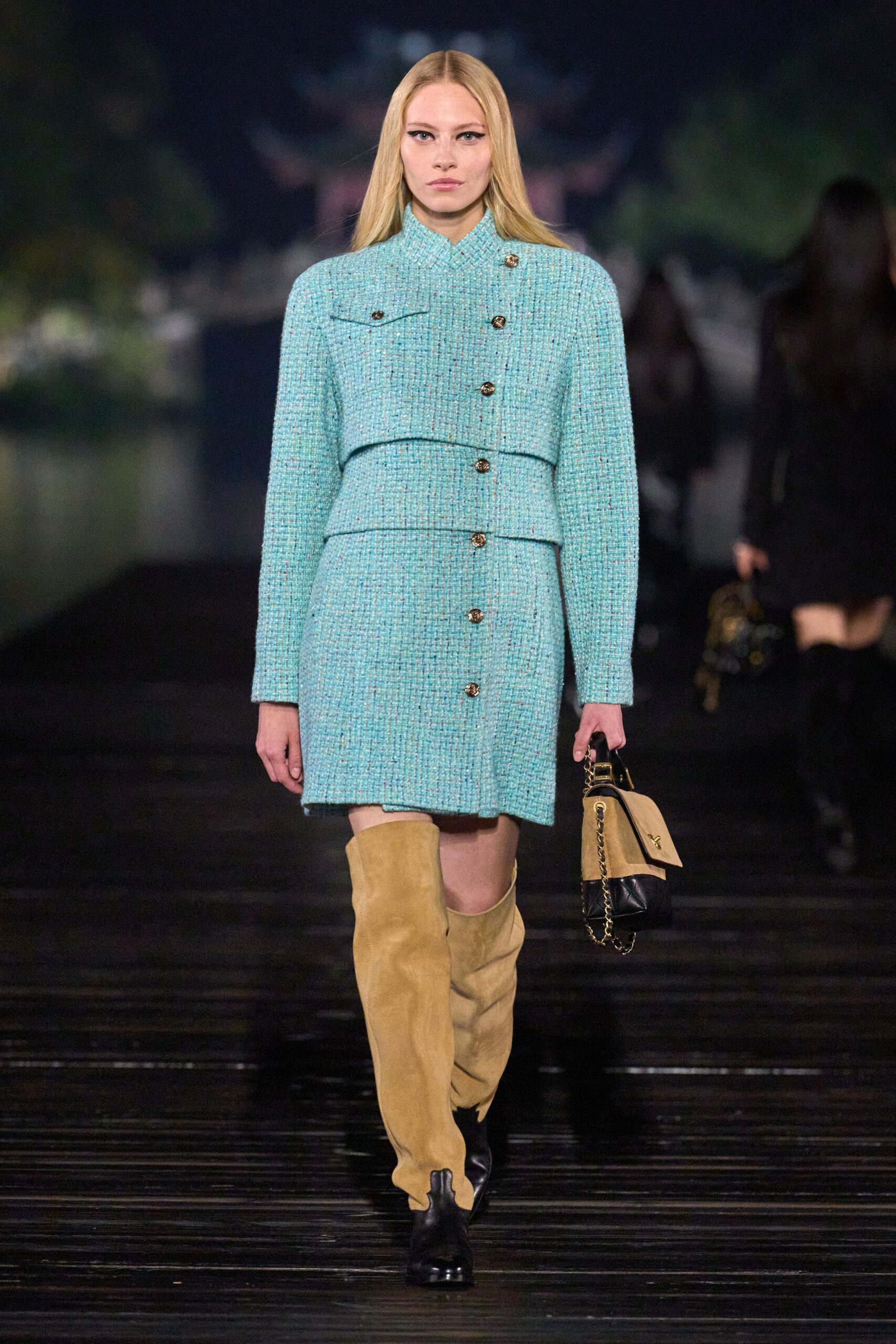 blue tweed blazer and mini skirt