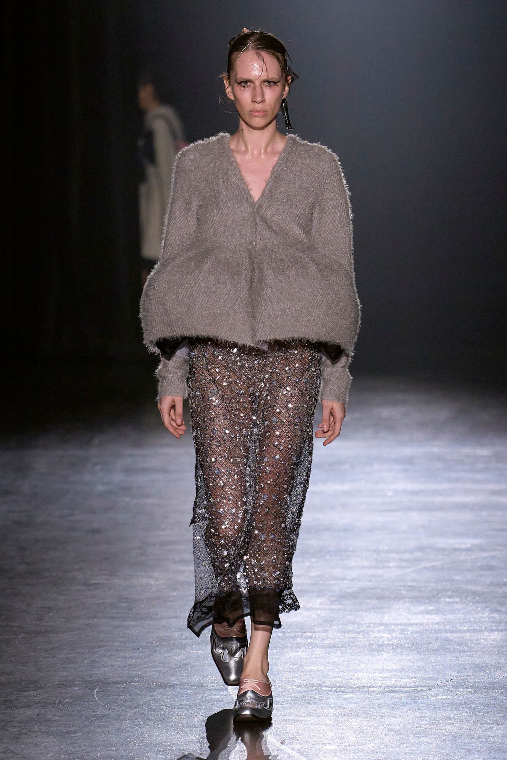 gray wool long-sleeve v-neck relaxed textured sweater