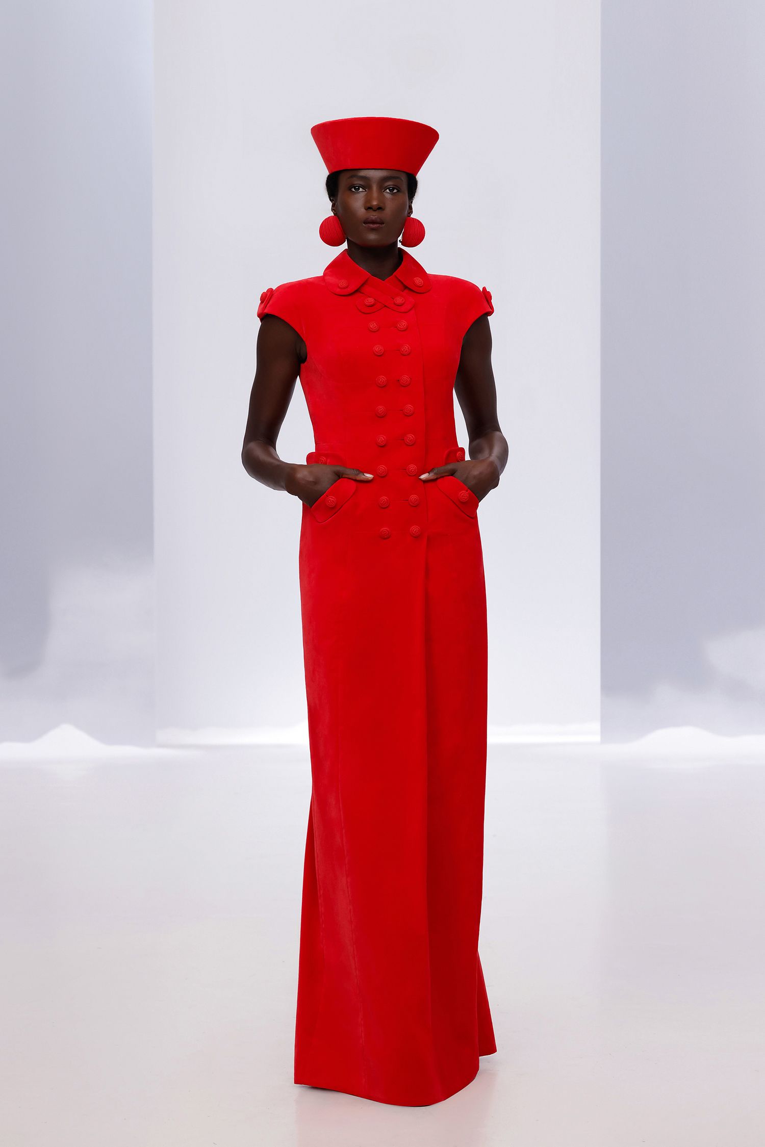 red silk short-sleeve collared fitted buttoned pockets gown