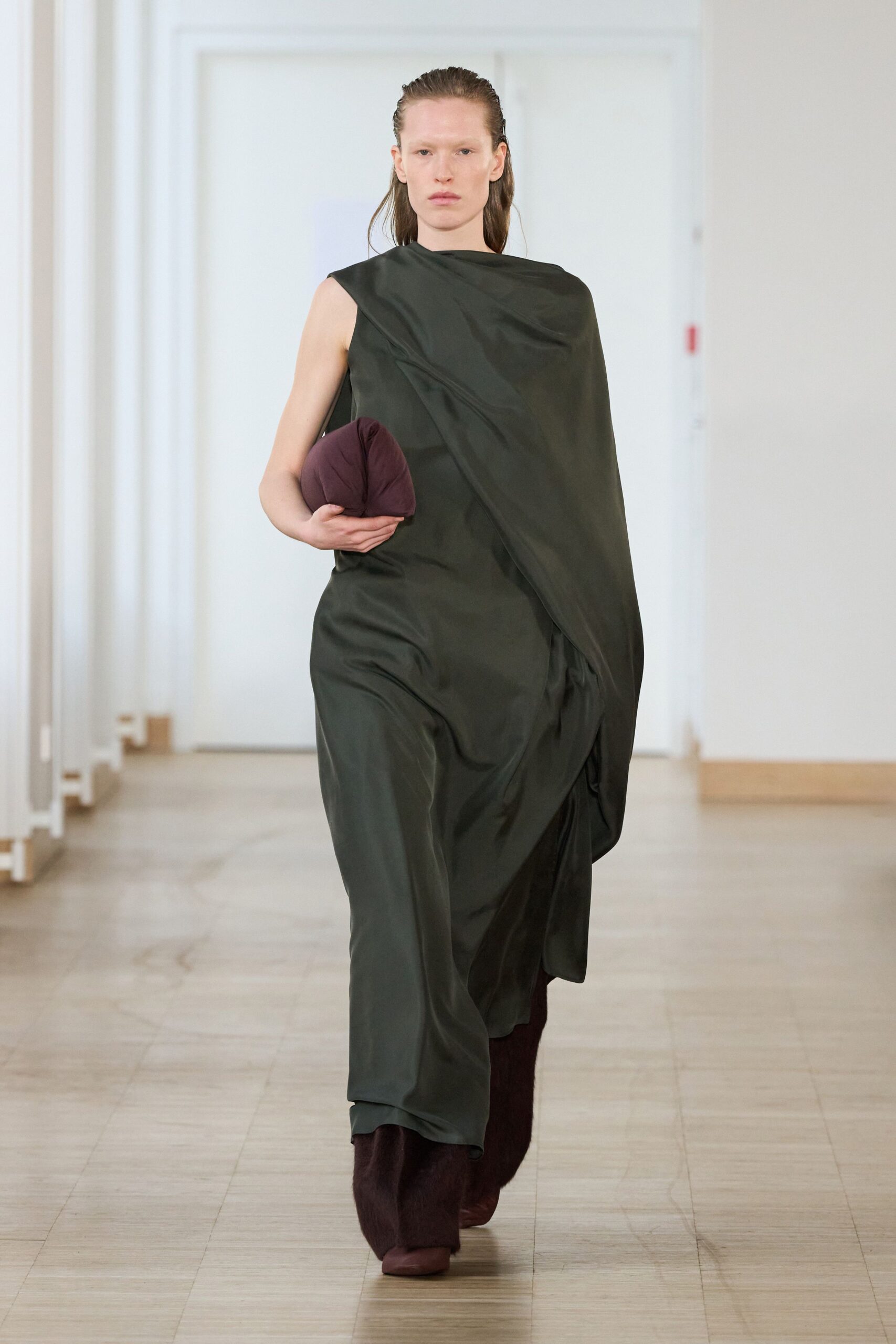 green silk sleeveless v-neck relaxed draped flowing dress