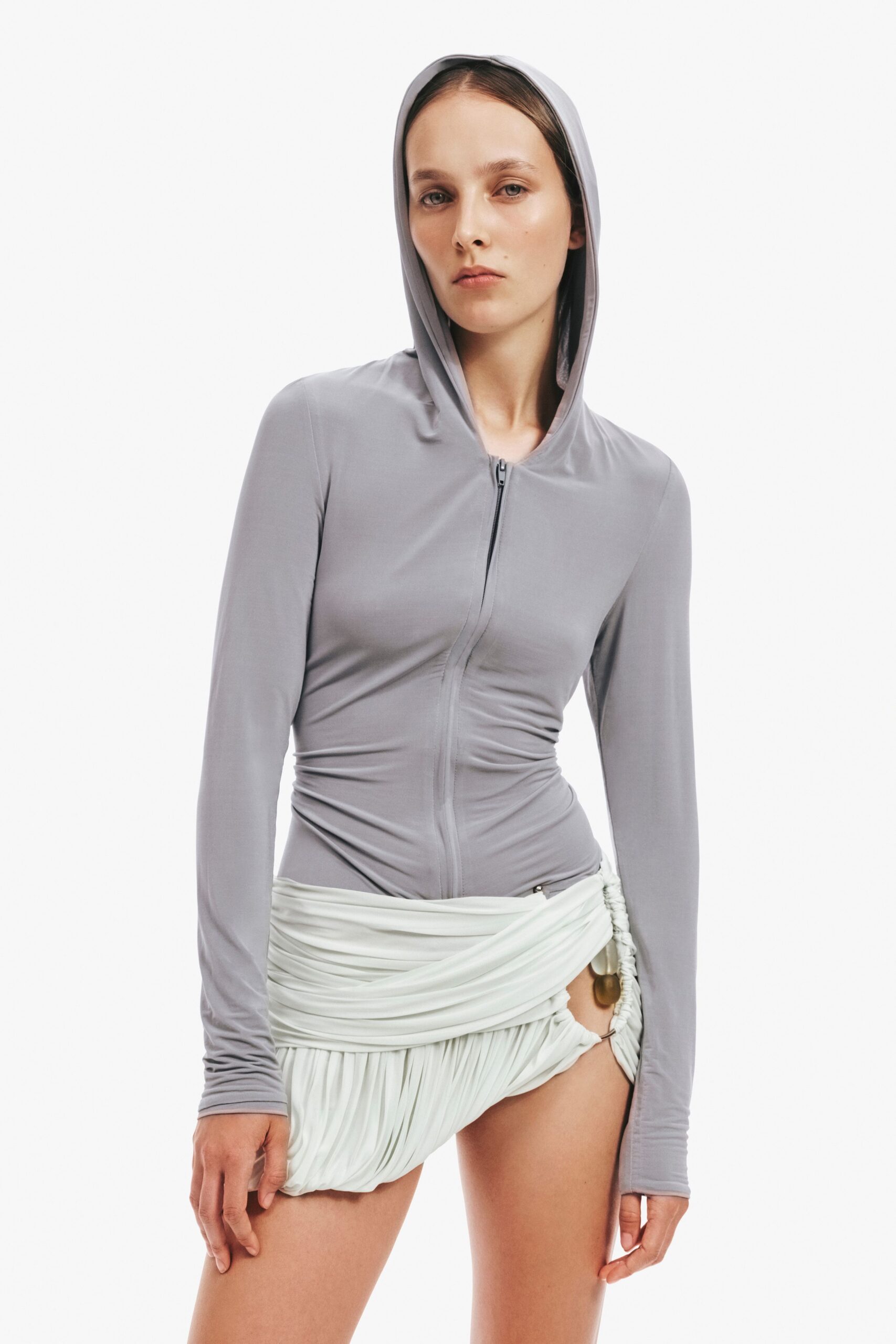 gray jersey long-sleeve hooded fitted zippered hoodie
