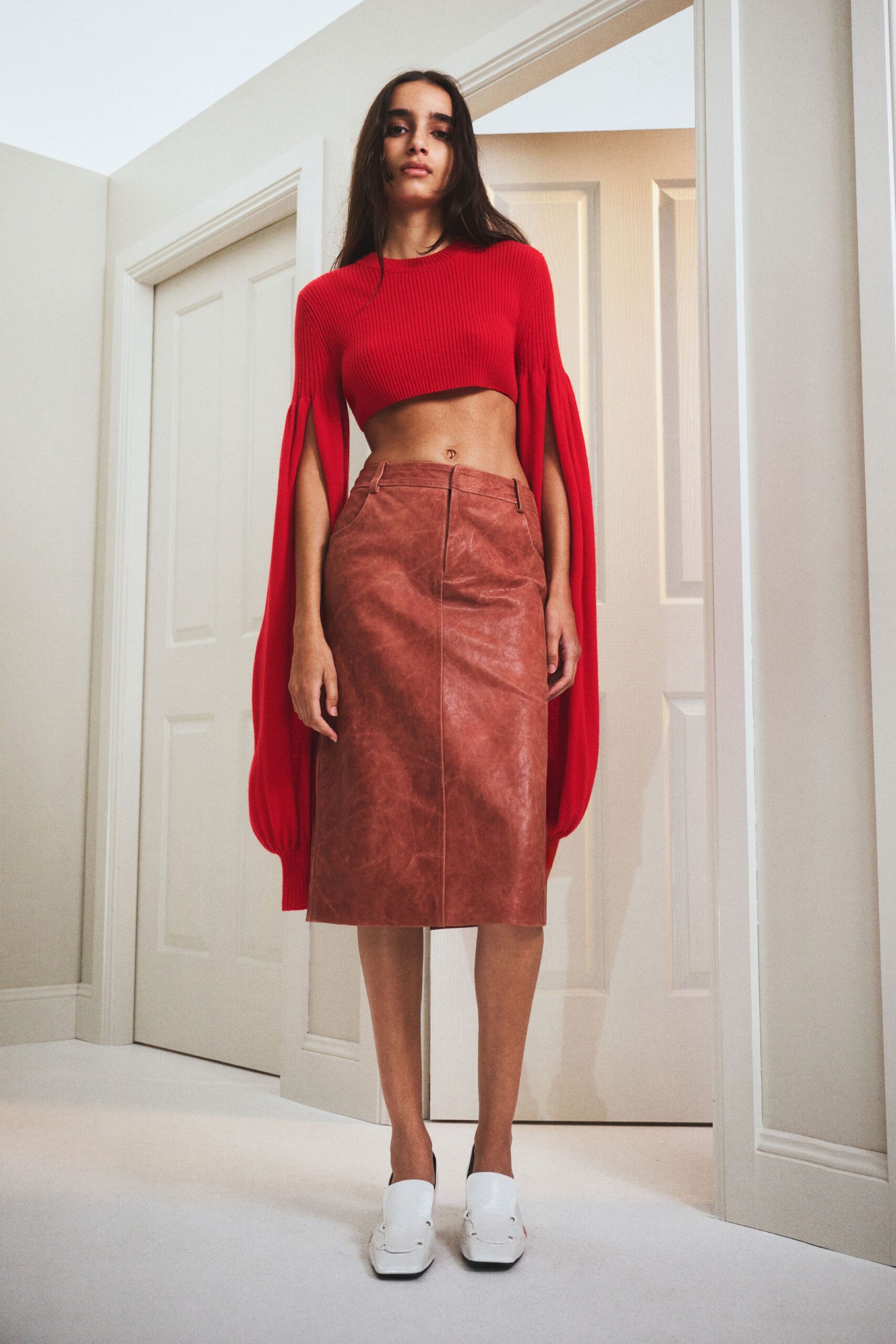 red cotton sleeveless fitted ruffled cropped top