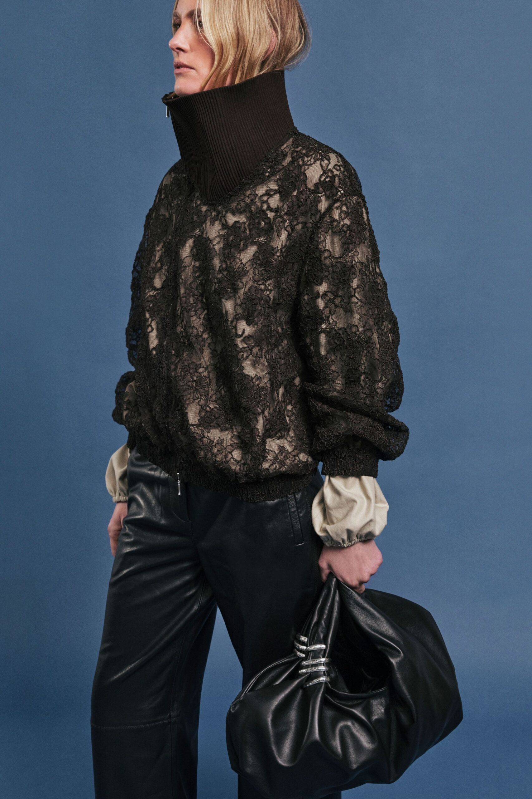 black lace long-sleeve high-neck relaxed embroidered top