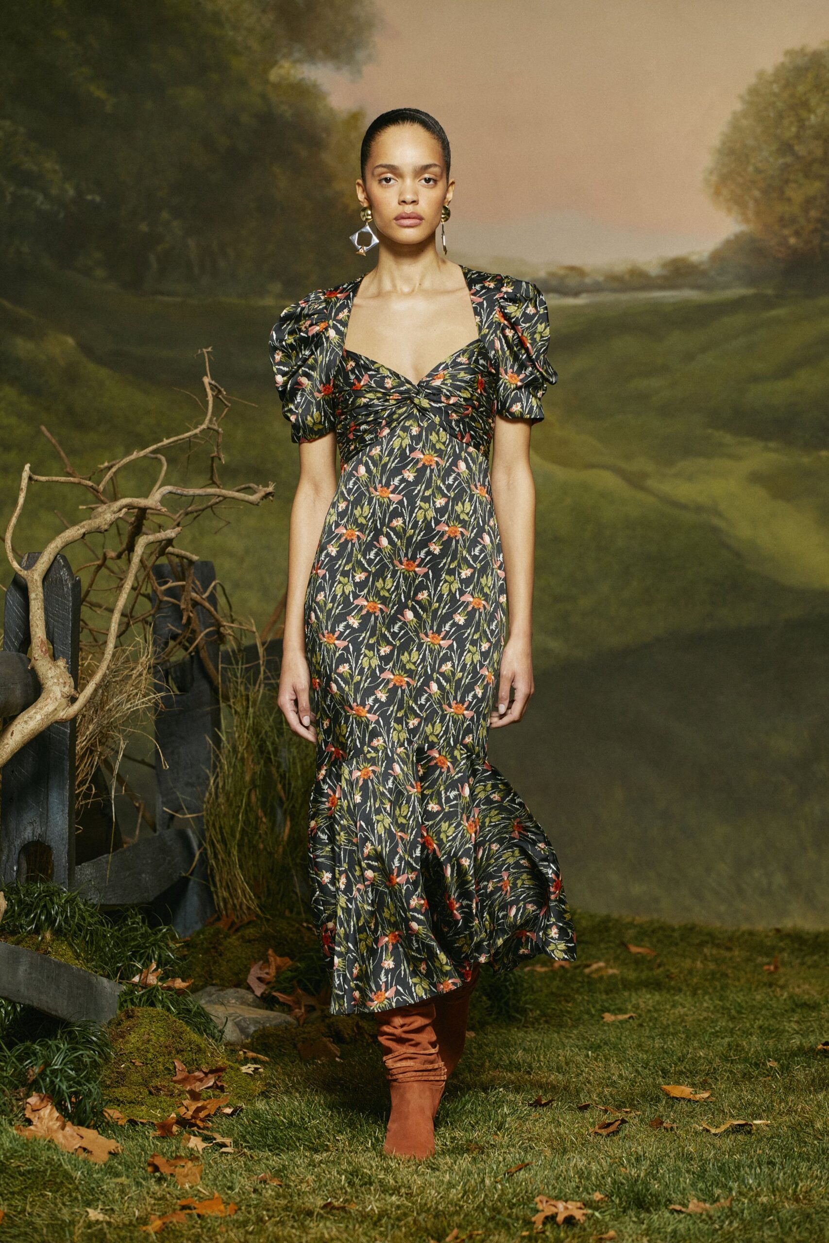 black cotton short-sleeve v-neck fitted floral flared dress
