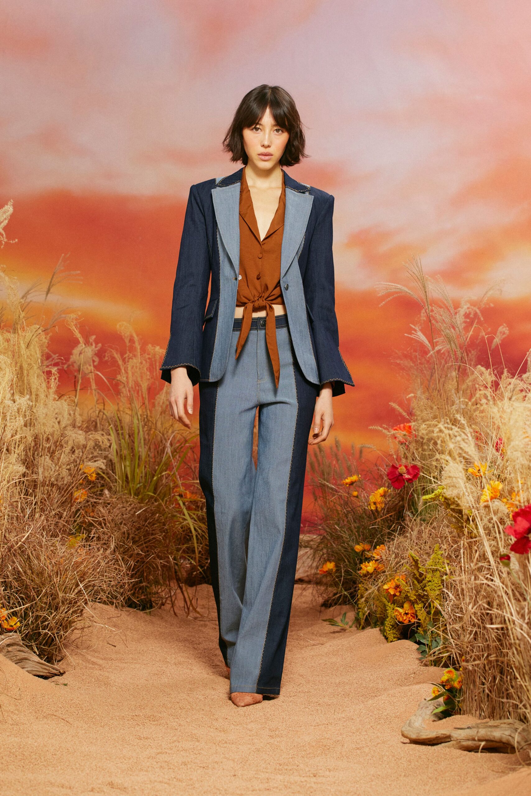 blue denim long-sleeve collared tailored buttoned blazer