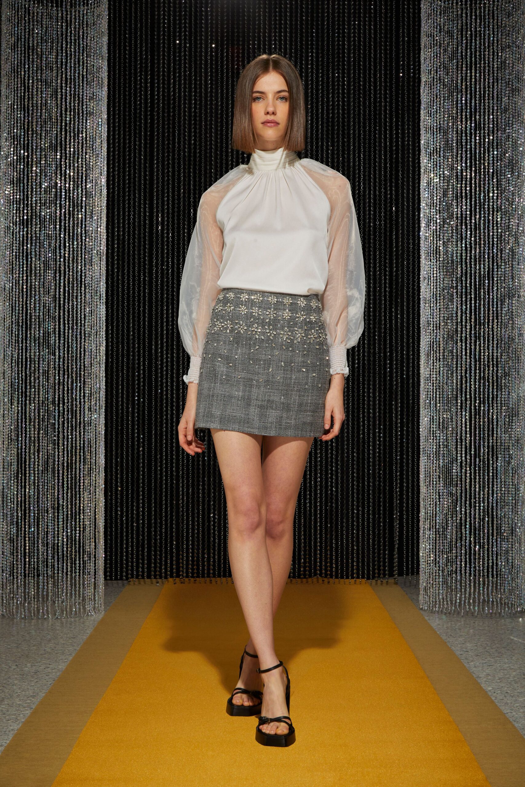 white silk blouse gray pencil skirt