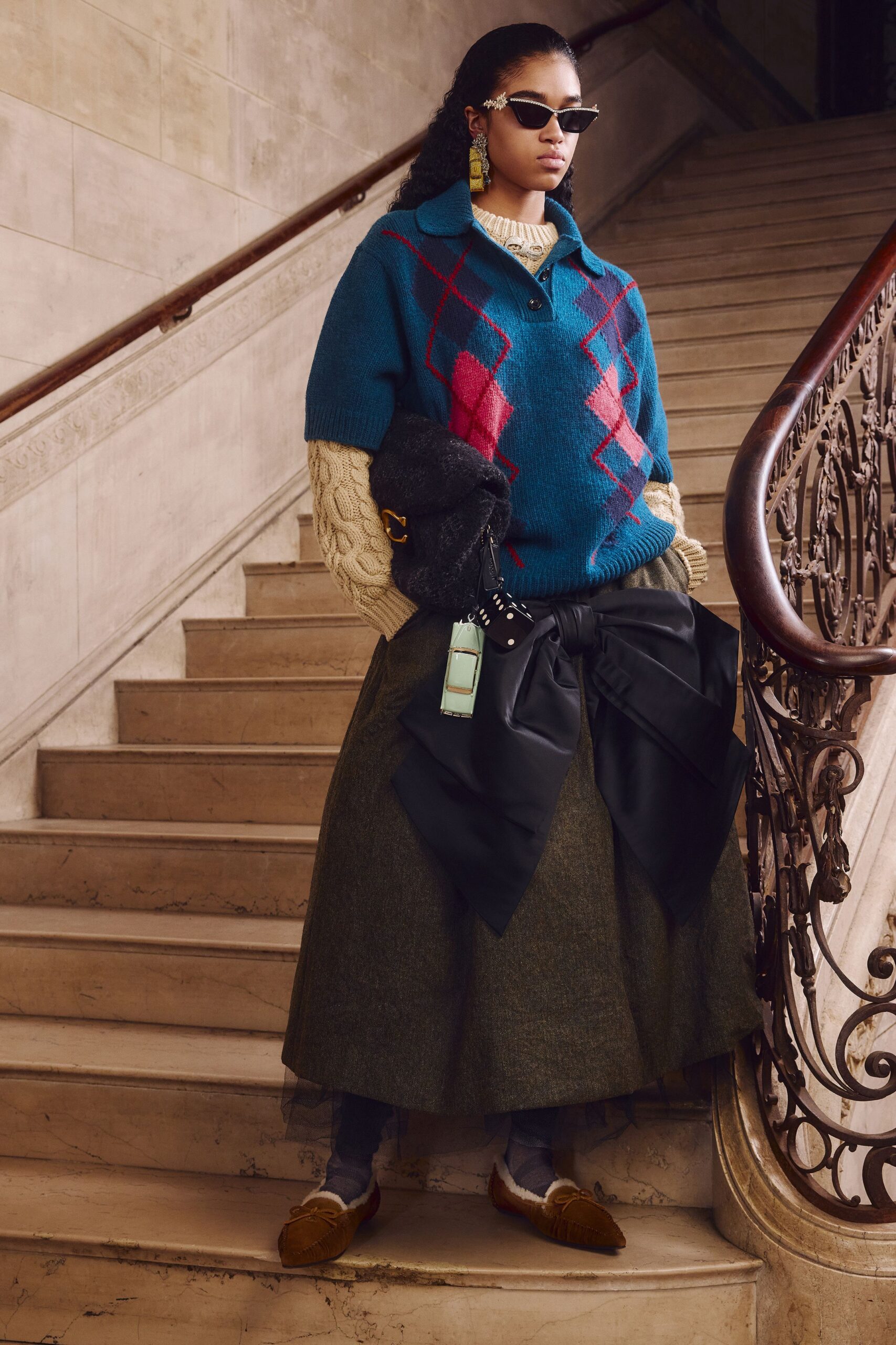 blue wool sweater and green midi skirt