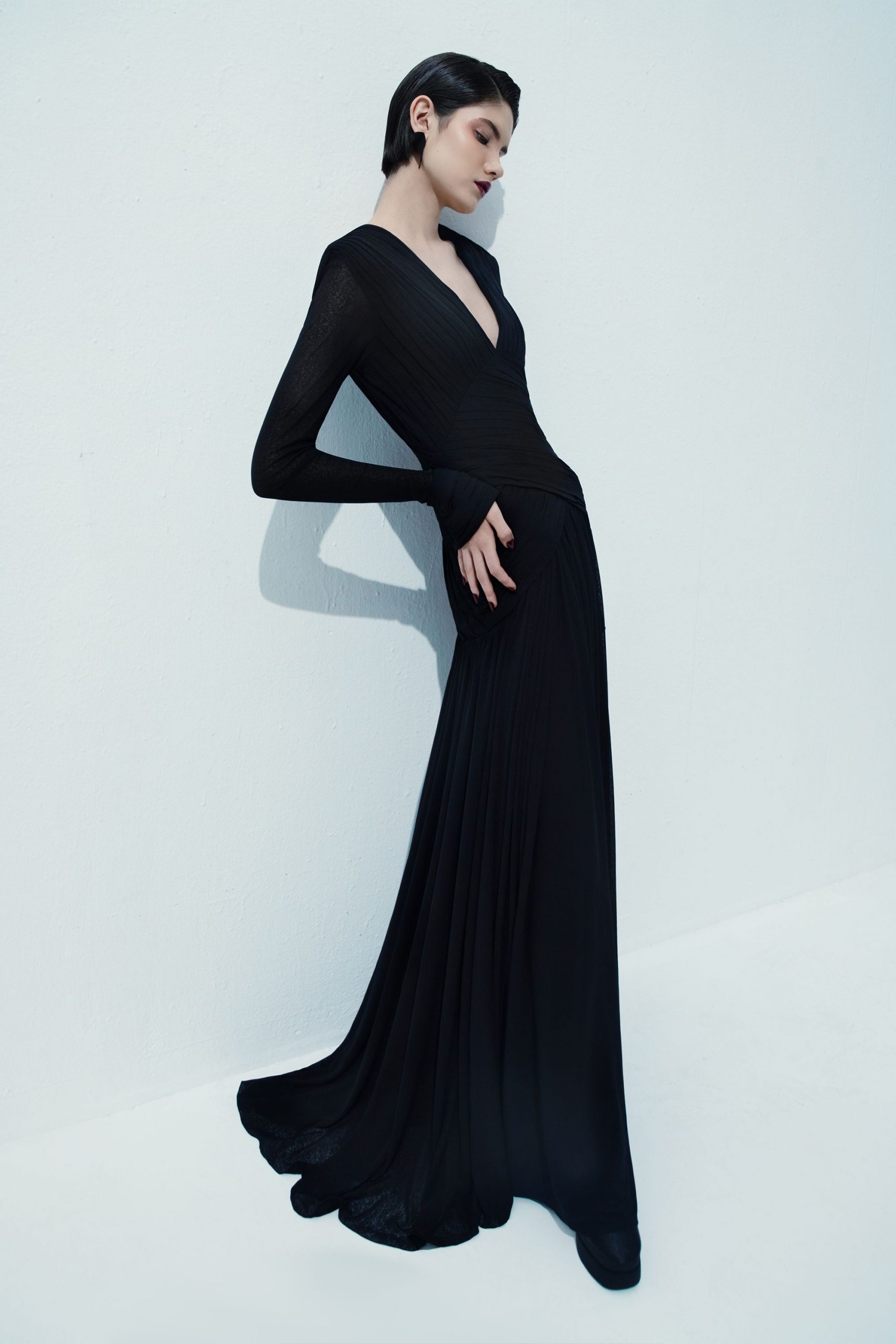 black silk fitted gown with long sleeves