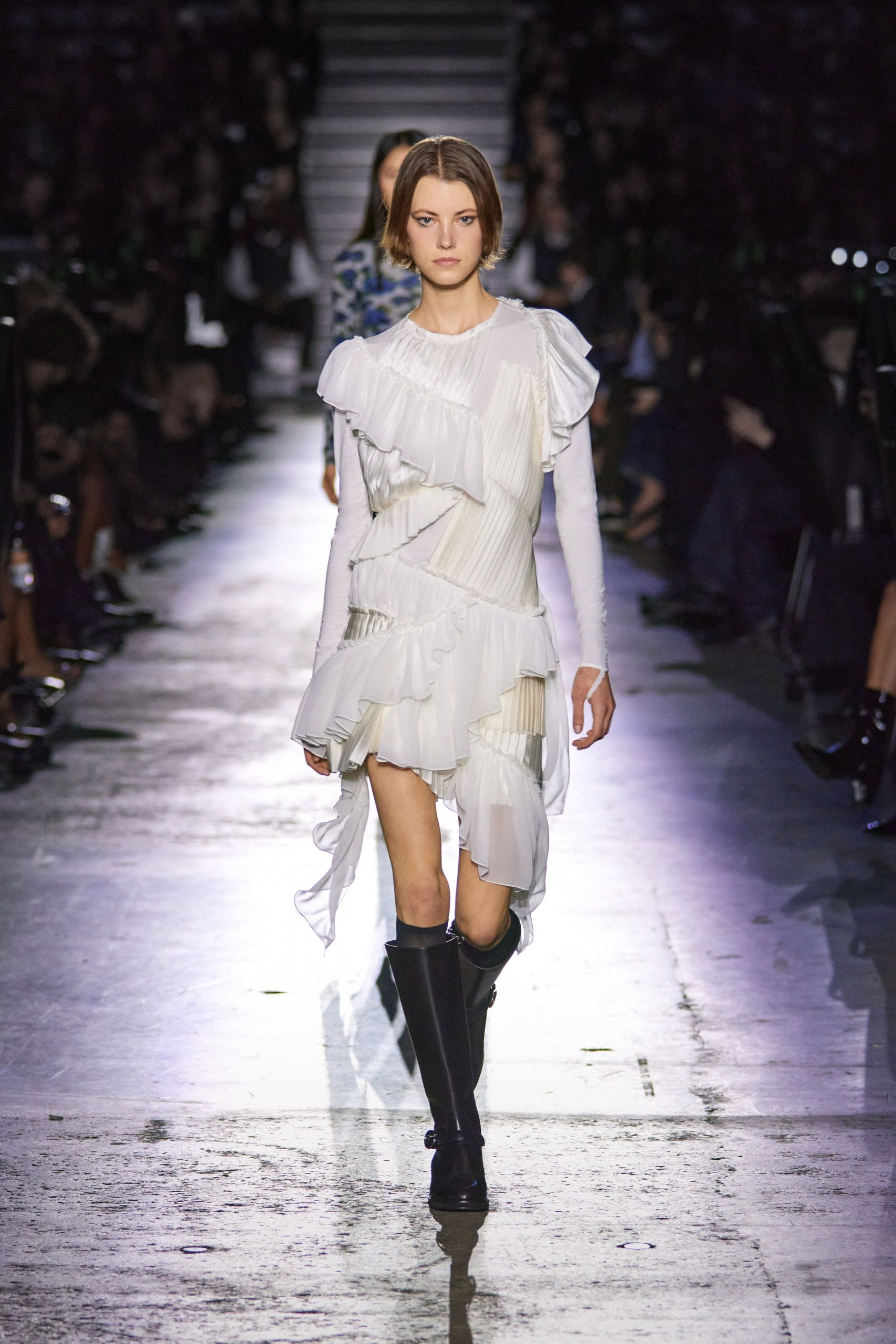 white ruffled midi dress with black boots