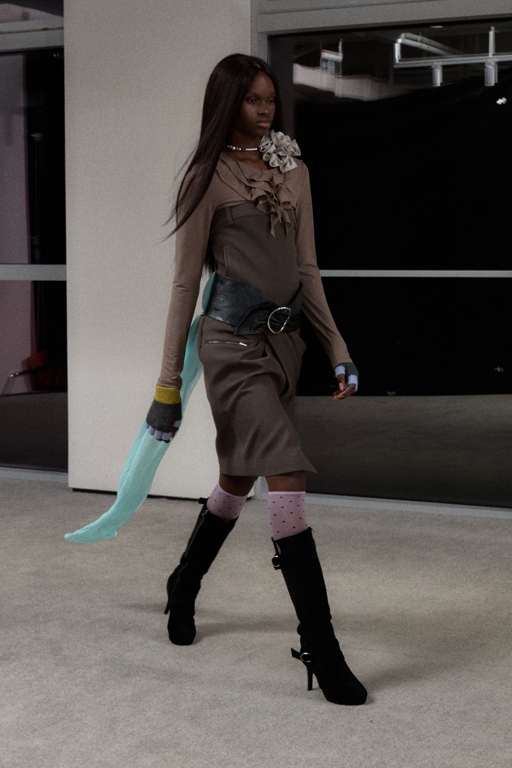 brown fitted midi dress with teal scarf