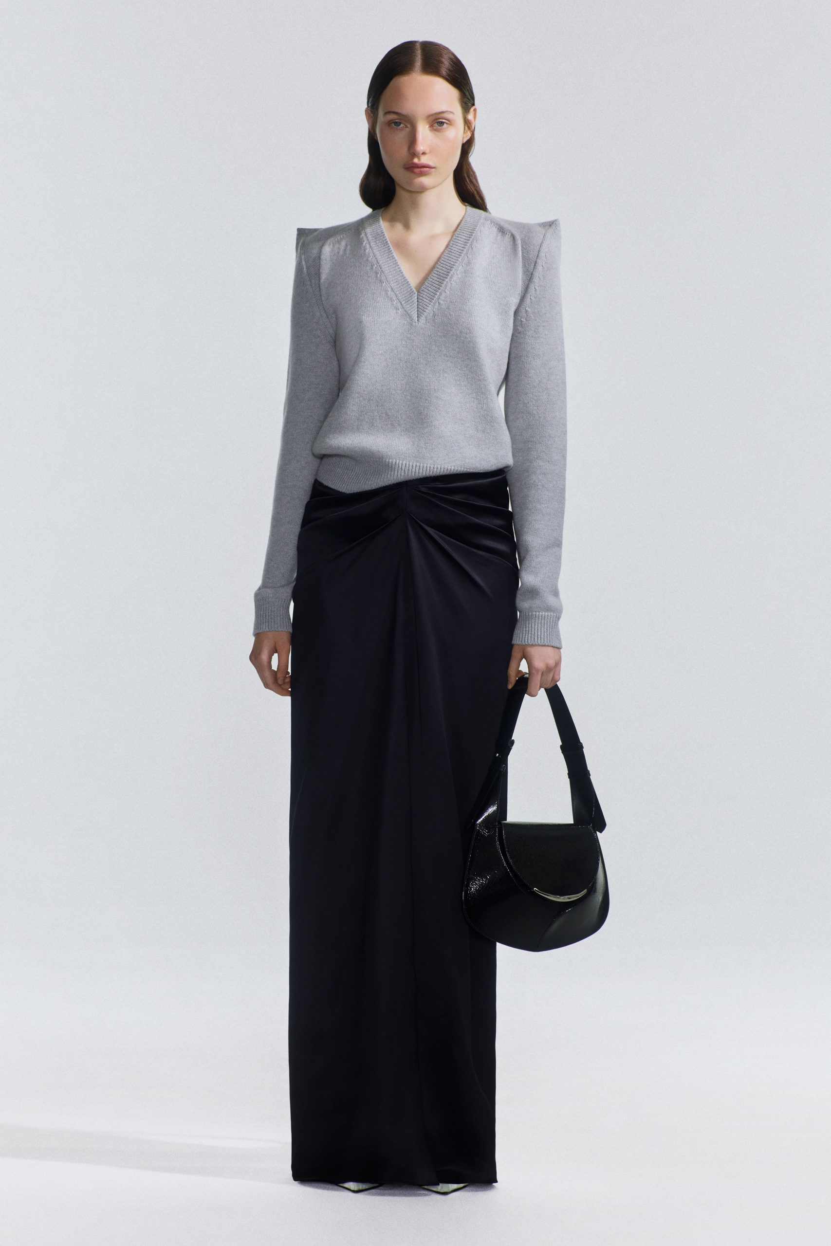 gray sweater black maxi skirt
