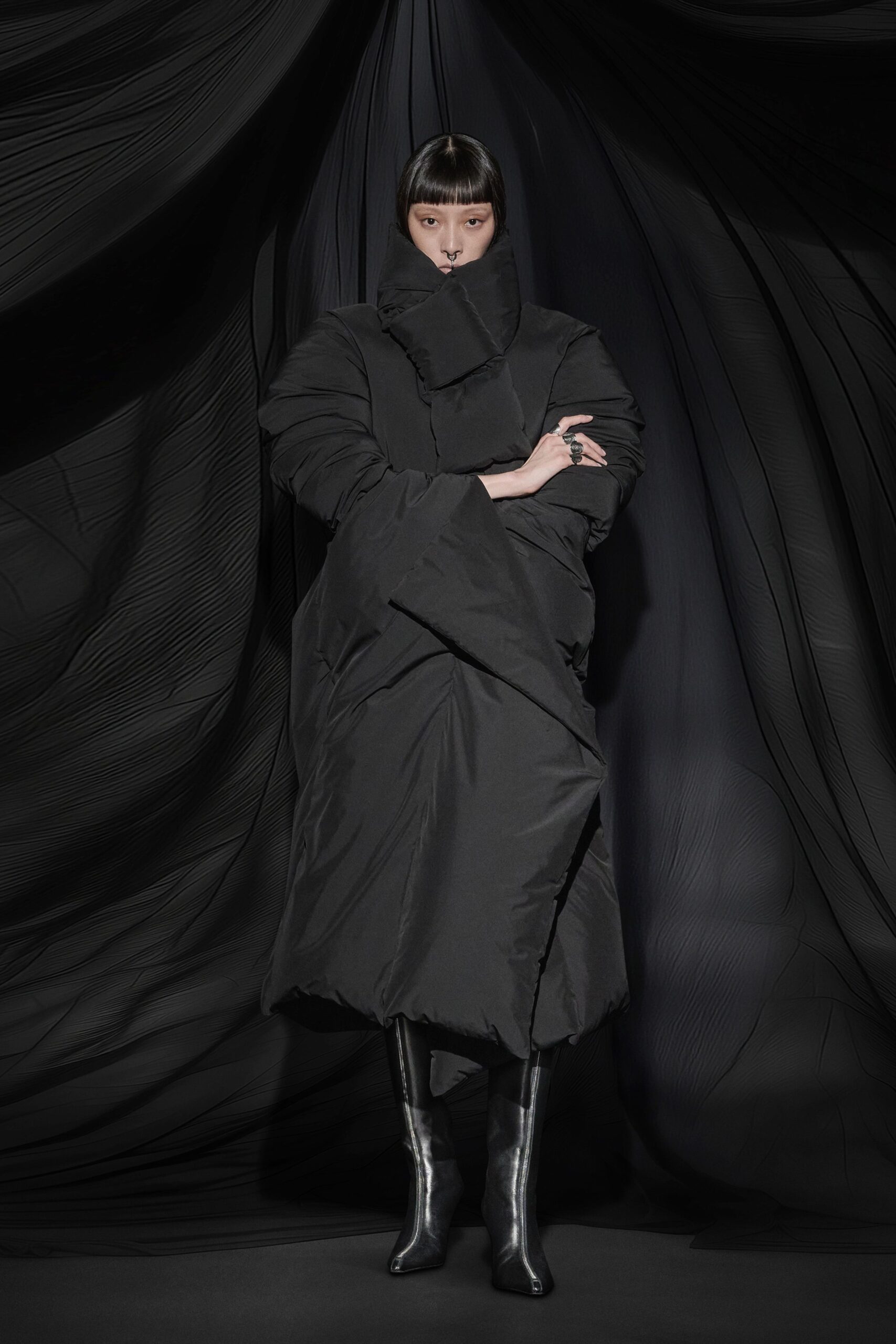 black cotton long-sleeve high-neck oversized padded midi coat