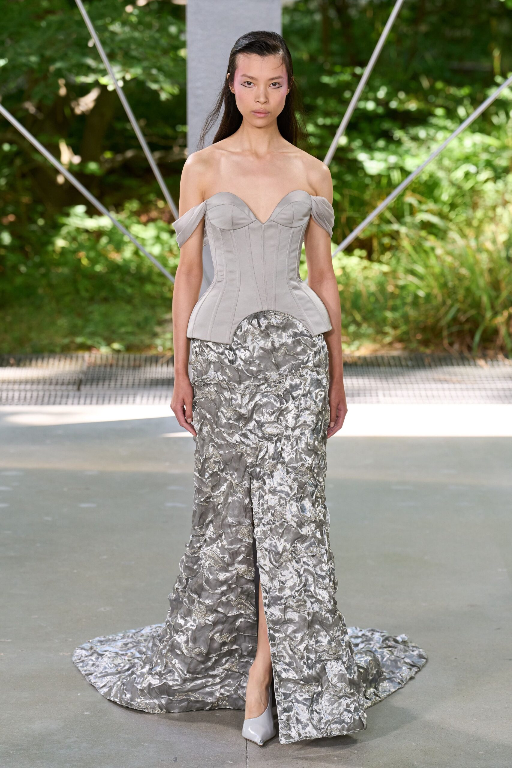 gray silk strapless v-neck fitted ruched corset