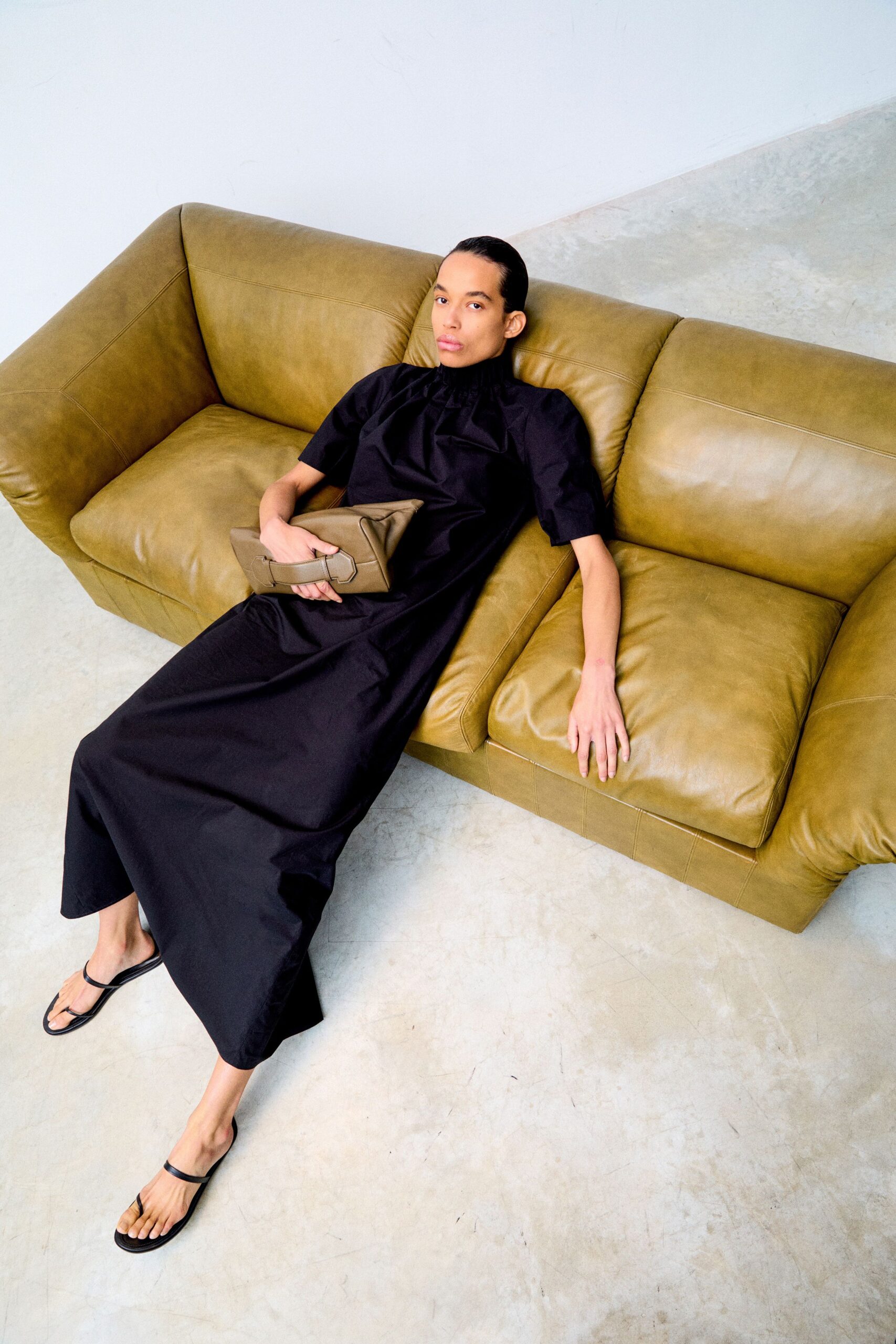 black cotton short-sleeve high-neck relaxed straight-leg maxi dress