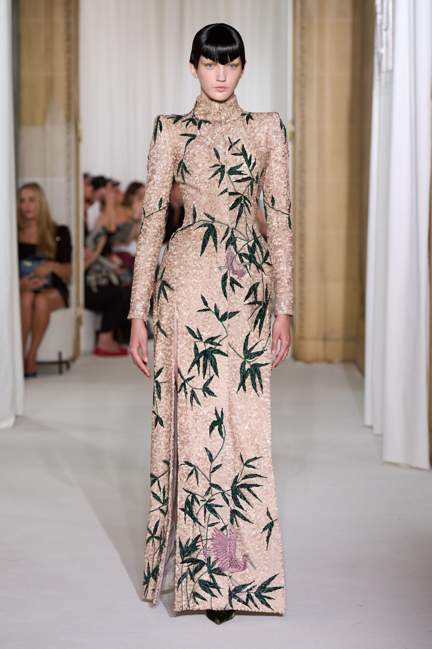 beige embroidered long-sleeve gown