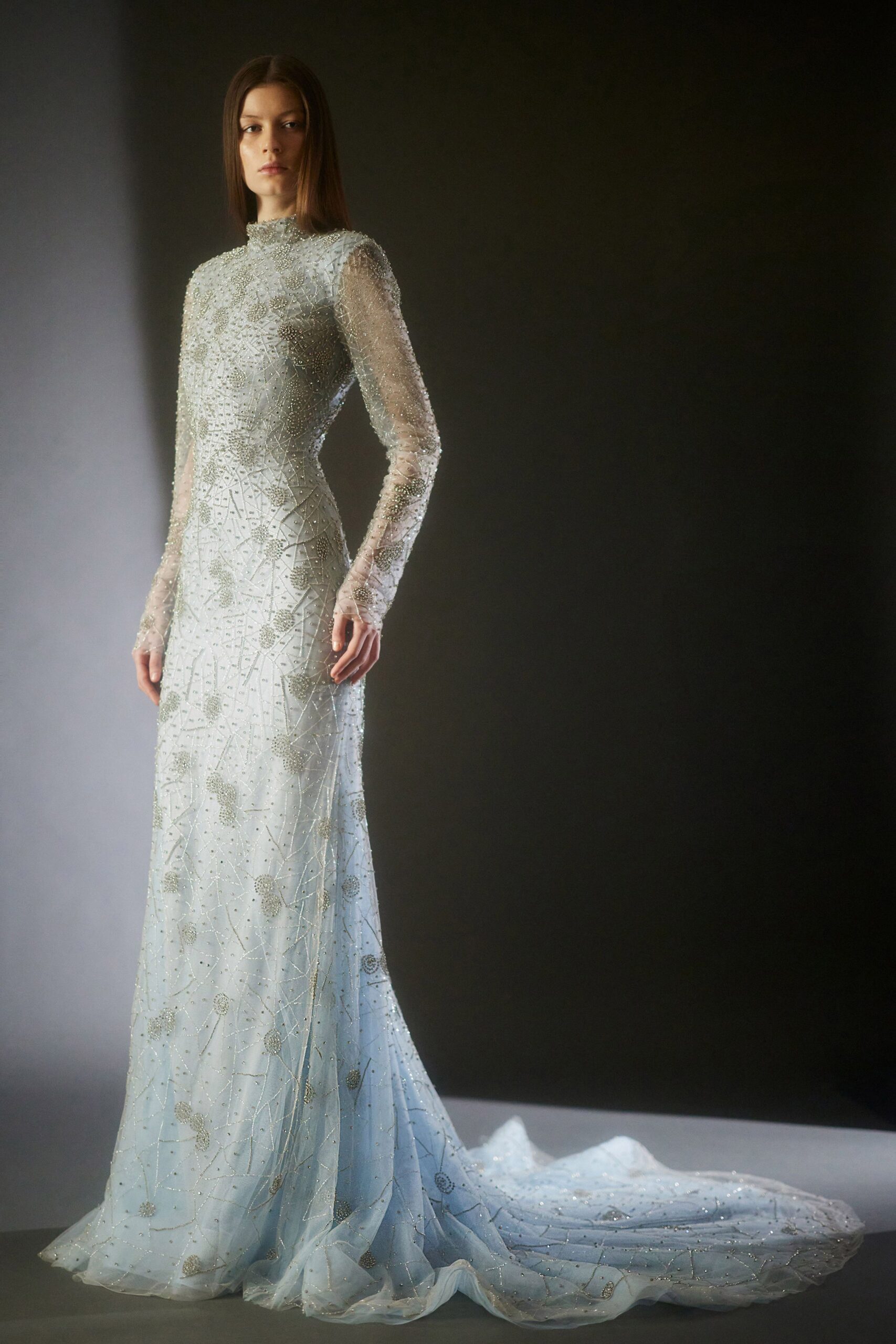 blue silk long-sleeve gown