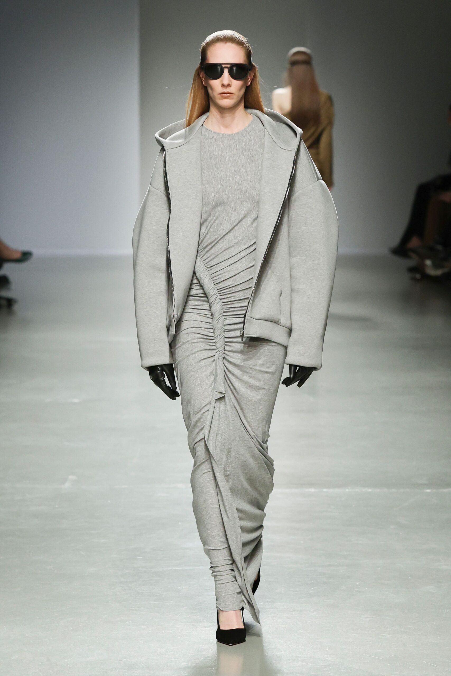 gray ruched midi dress with oversized jacket