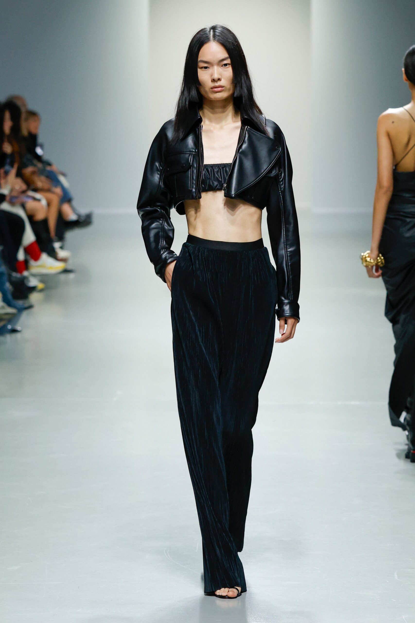 black leather jacket and silk top