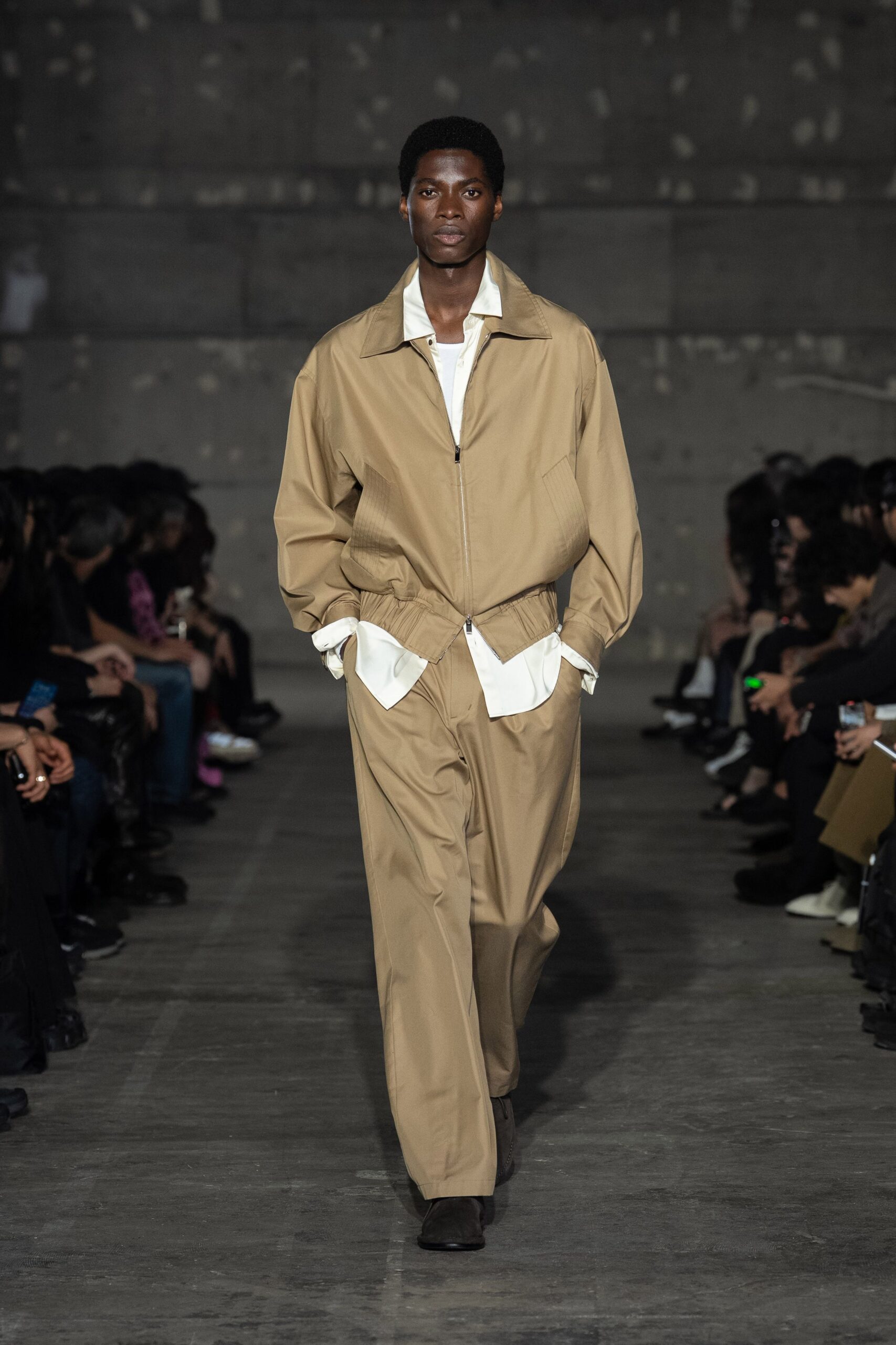 beige jacket with white shirt