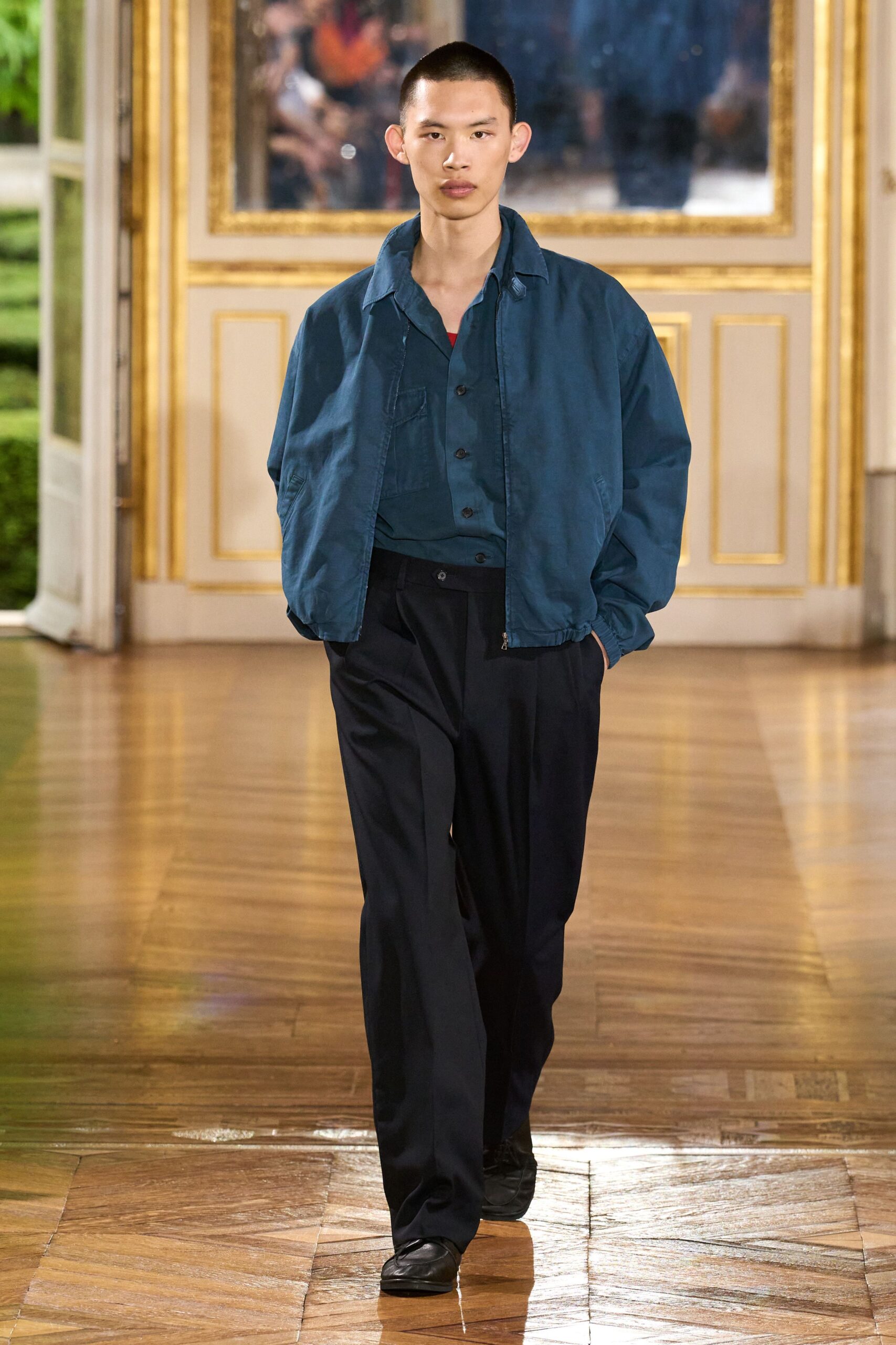 blue relaxed jacket with black pants