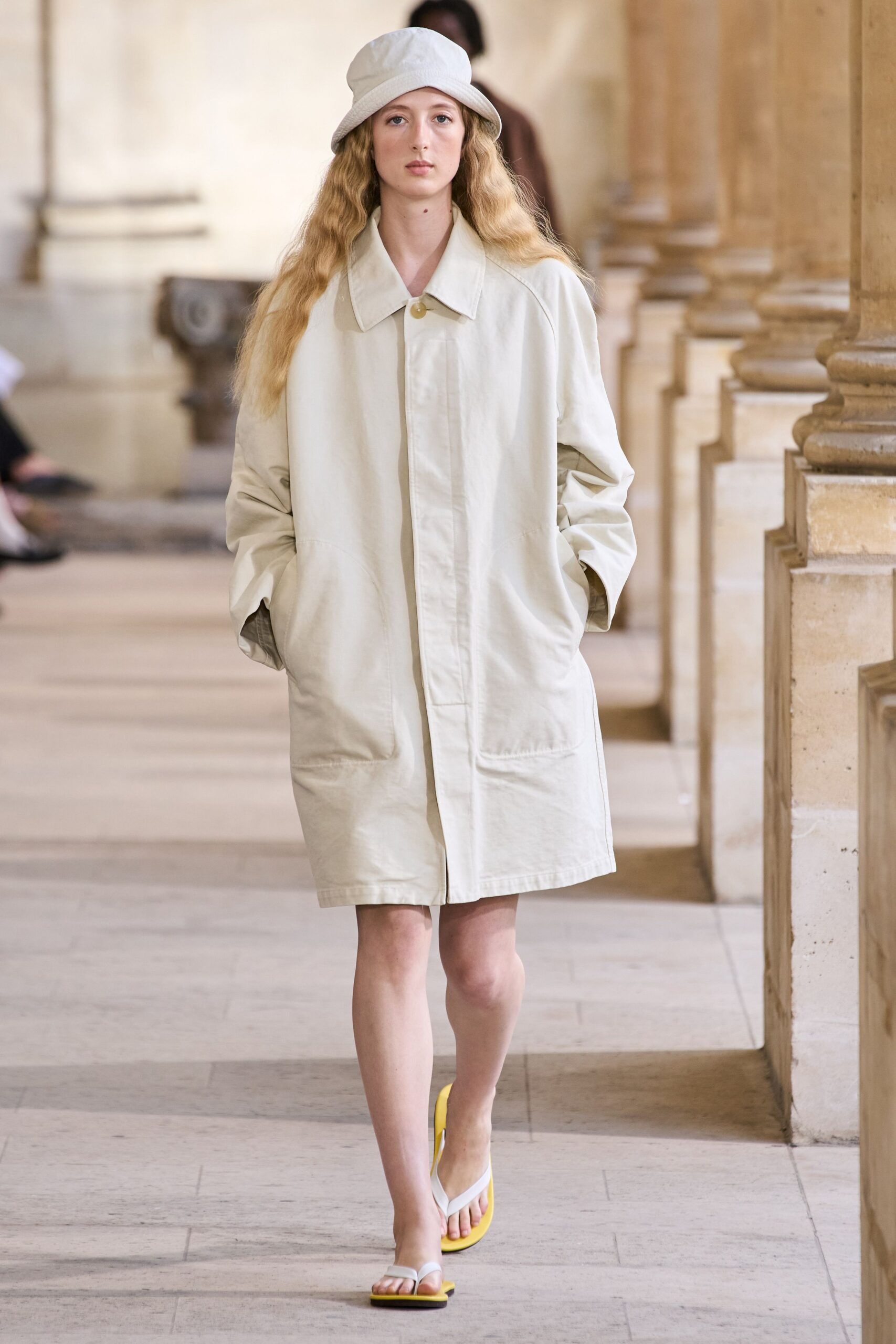 white cotton long-sleeve collared oversized pockets midi coat