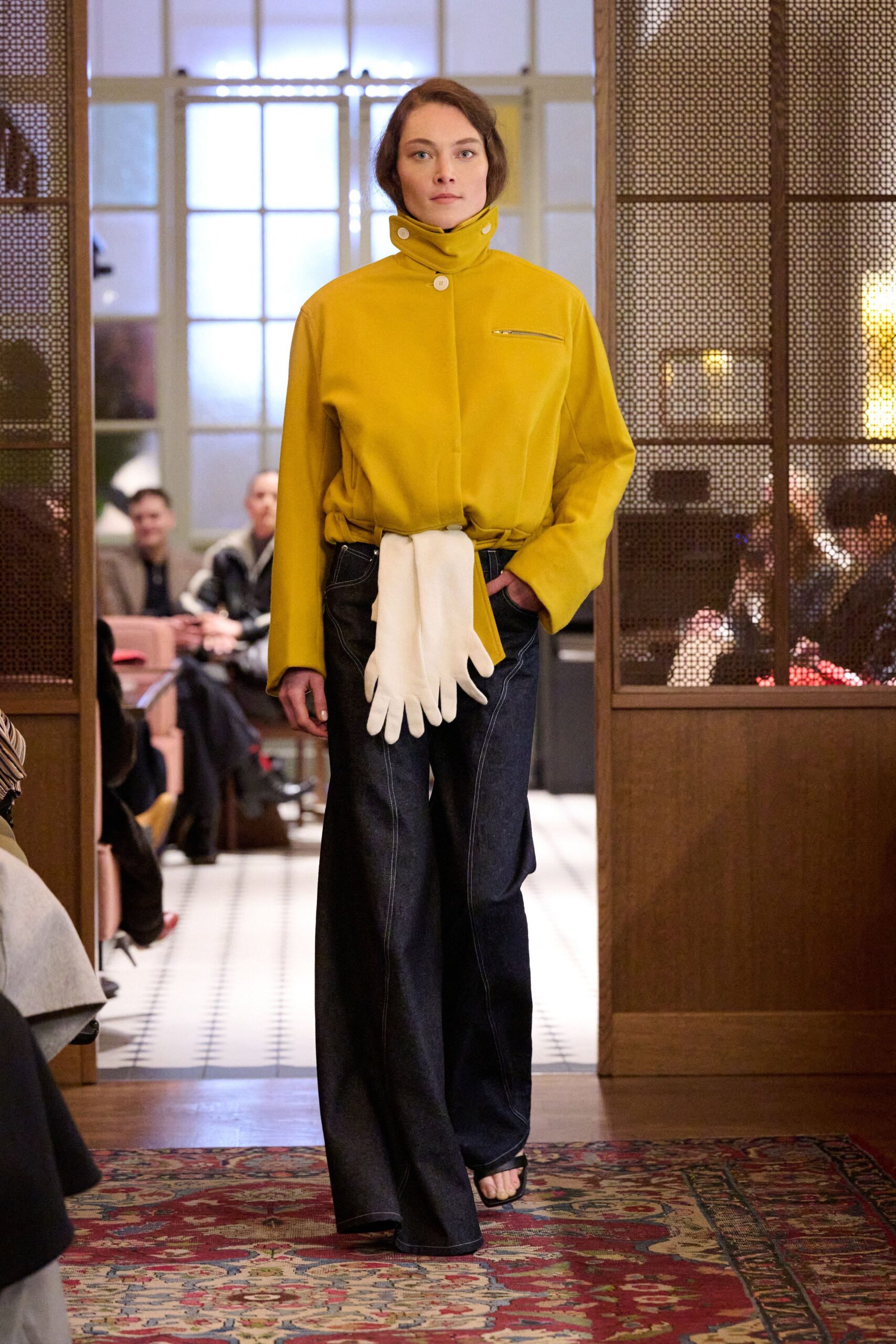 yellow jacket with wide-leg pants