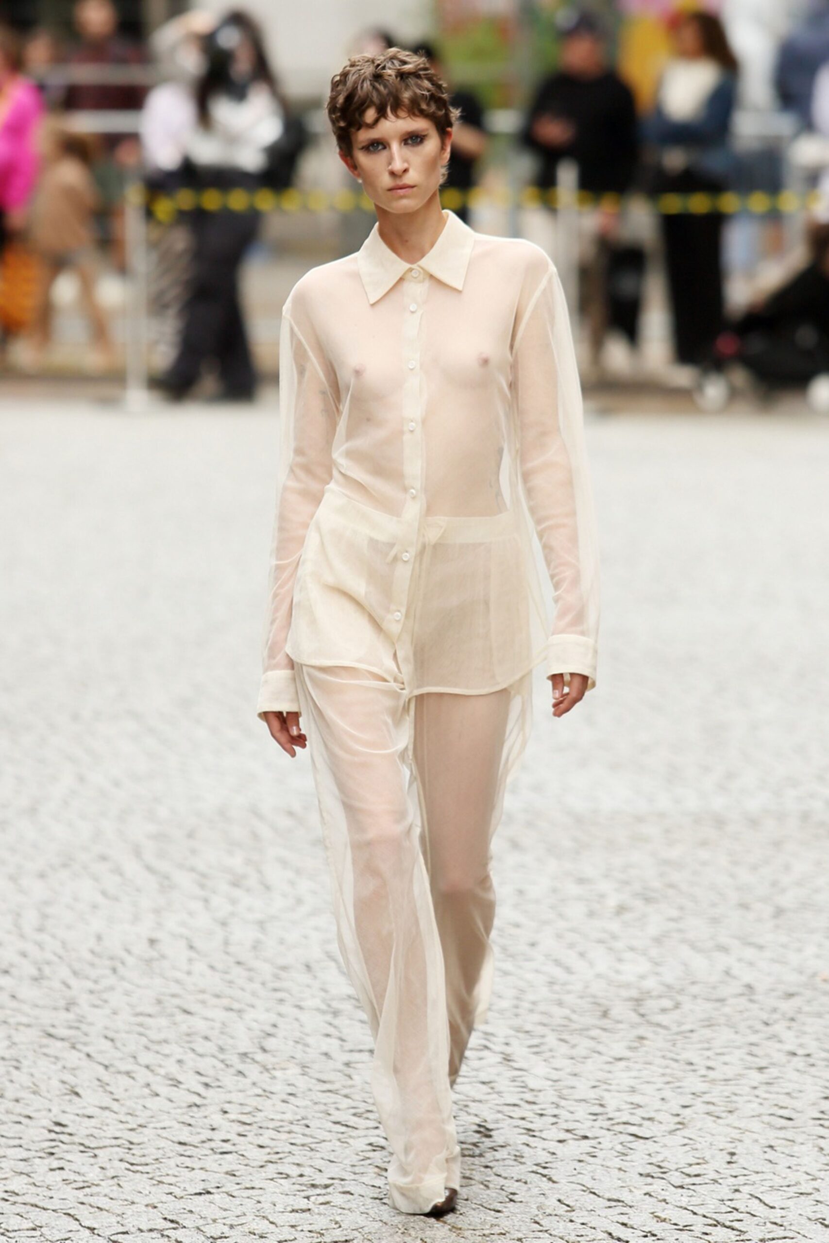 beige cotton long-sleeve collared fitted sheer shirt