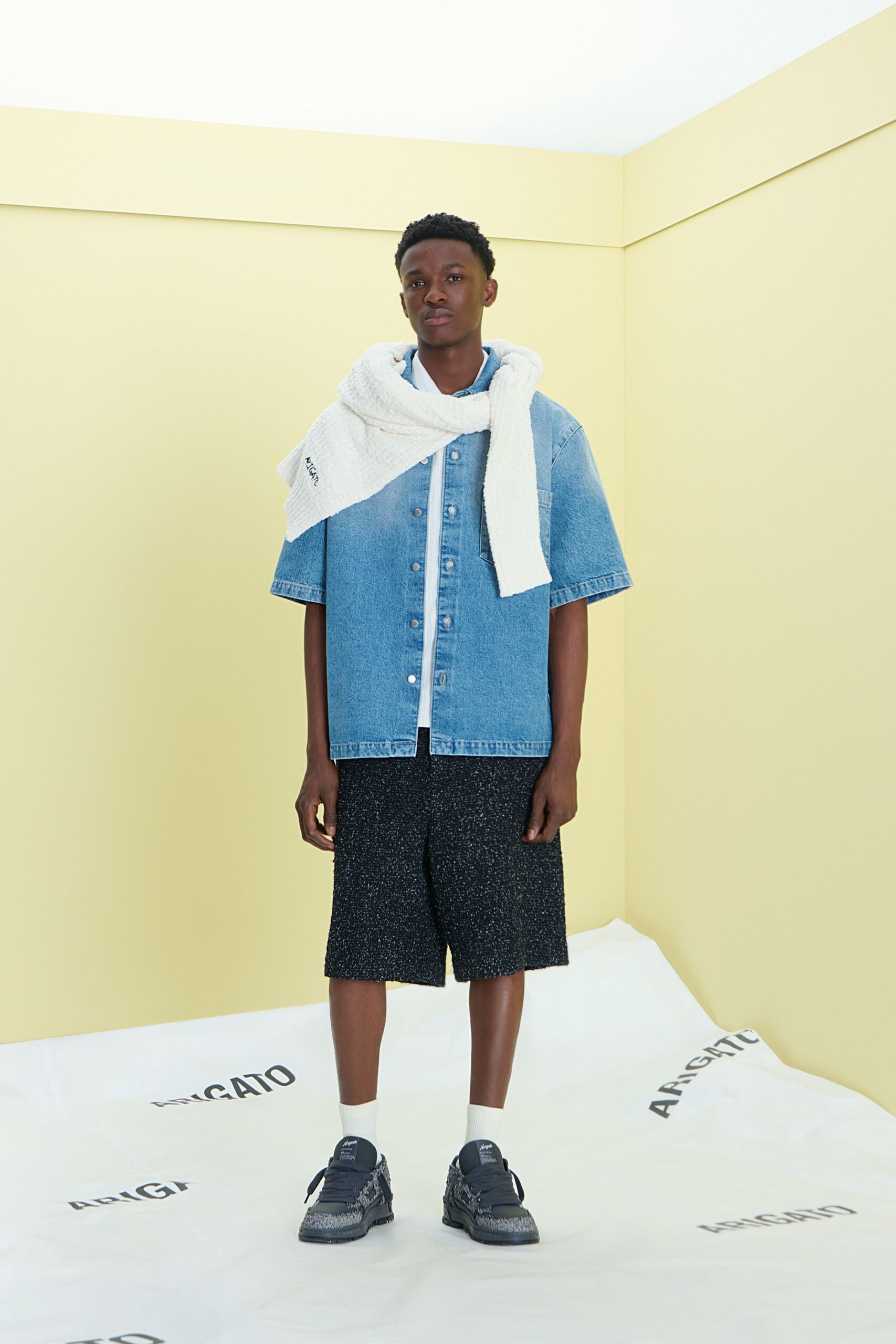 blue denim shirt with black shorts