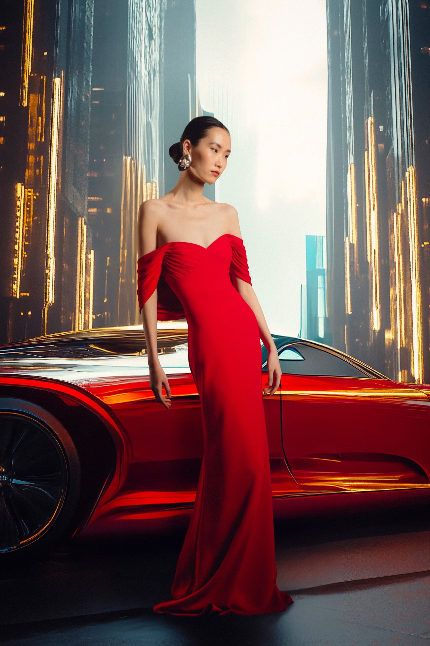 red silk off-shoulder gown