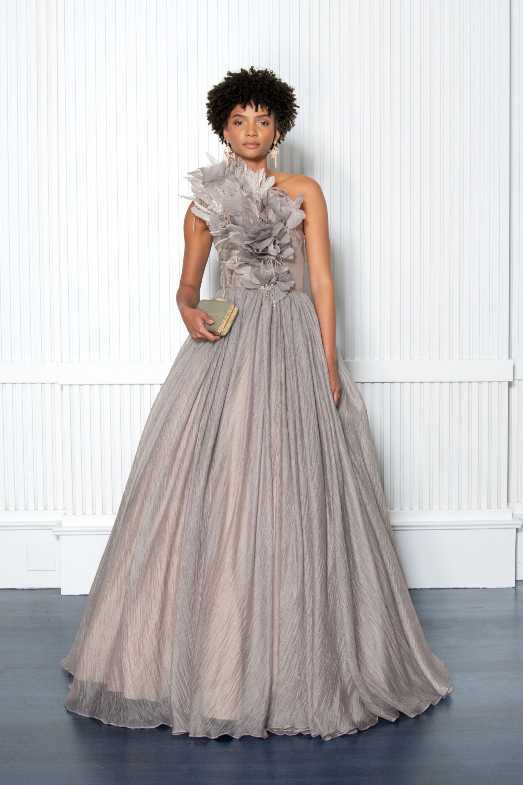 gray chiffon sleeveless high-neck fitted ruffled layered gown