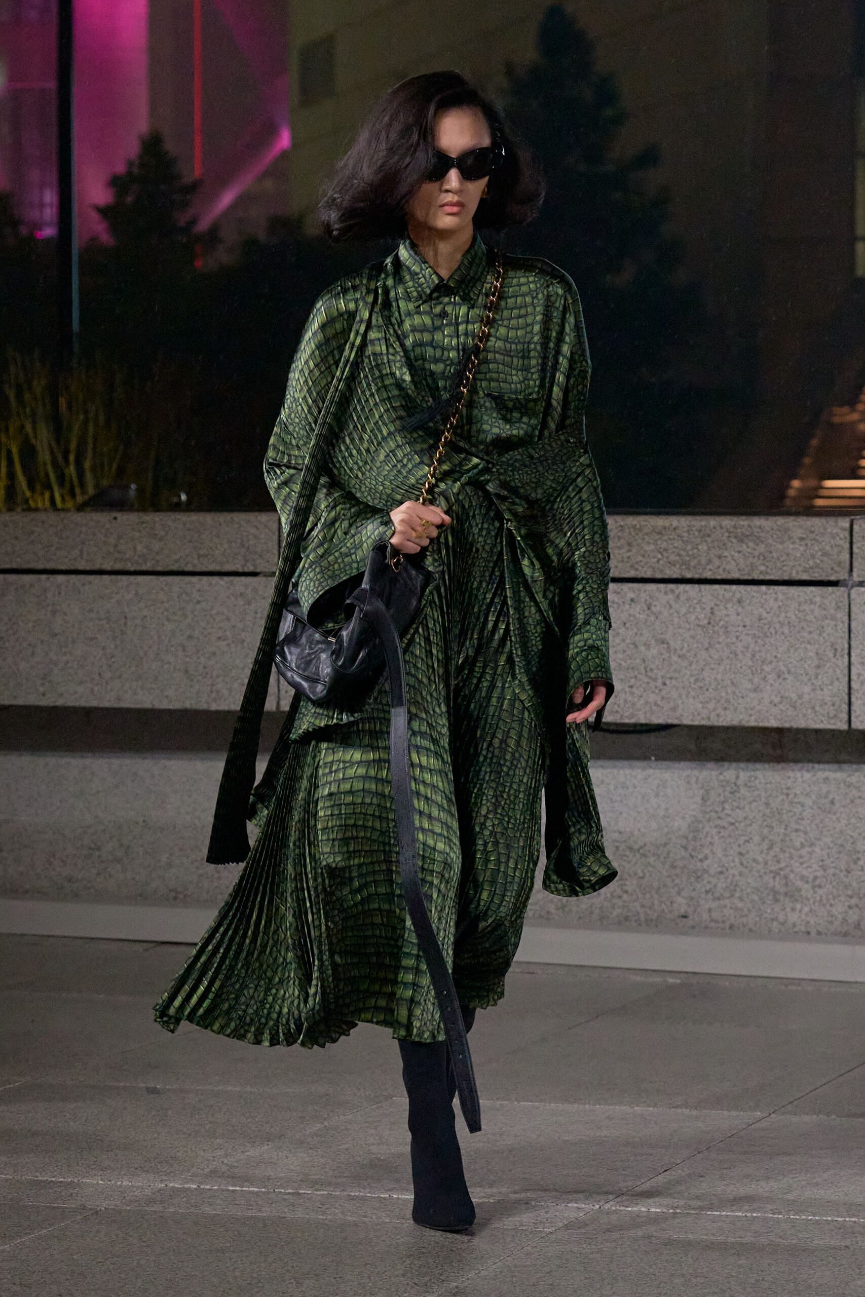 green silk long-sleeve v-neck relaxed pleated flowing dress