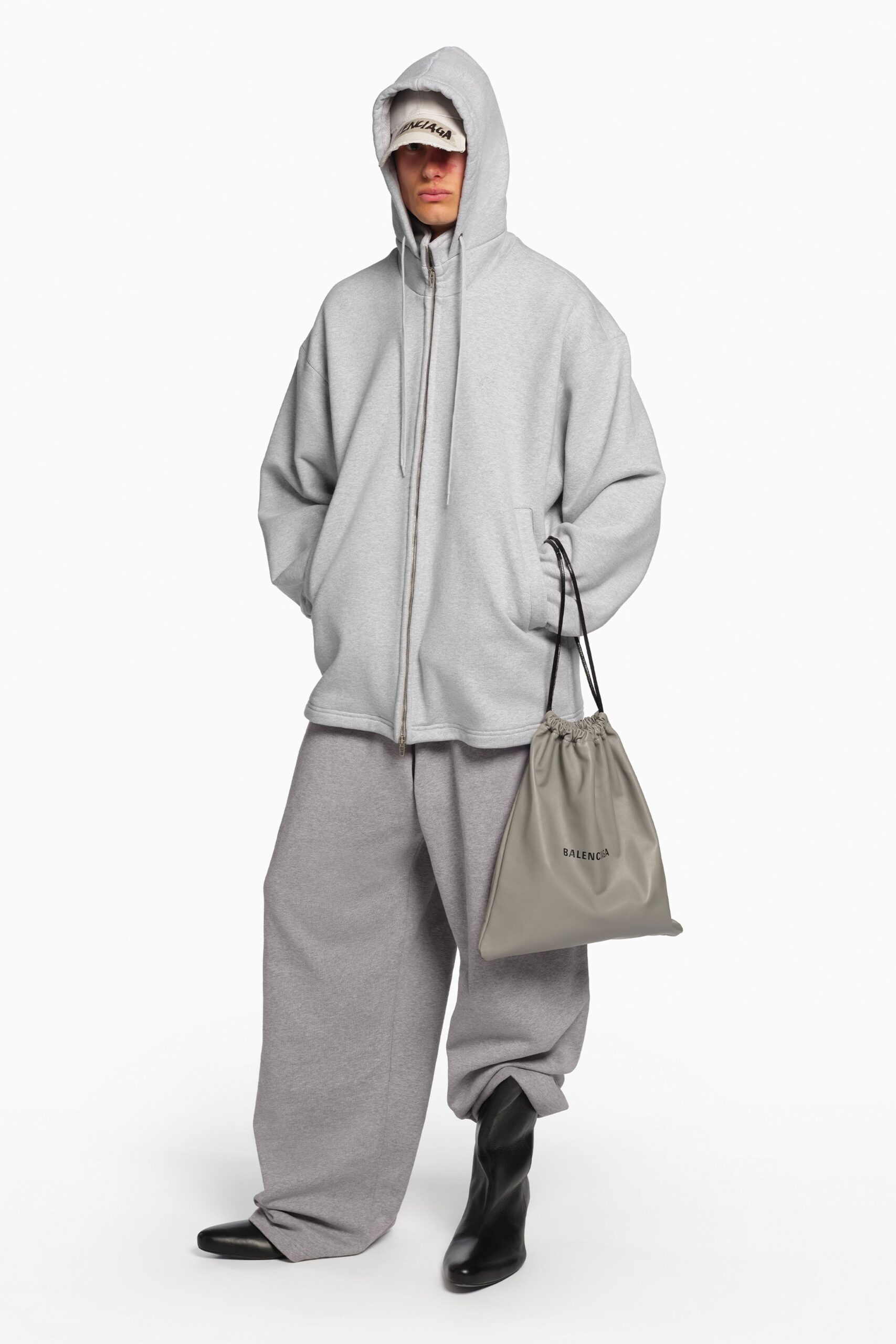 gray cotton long-sleeve hooded oversized zippered pockets hoodie