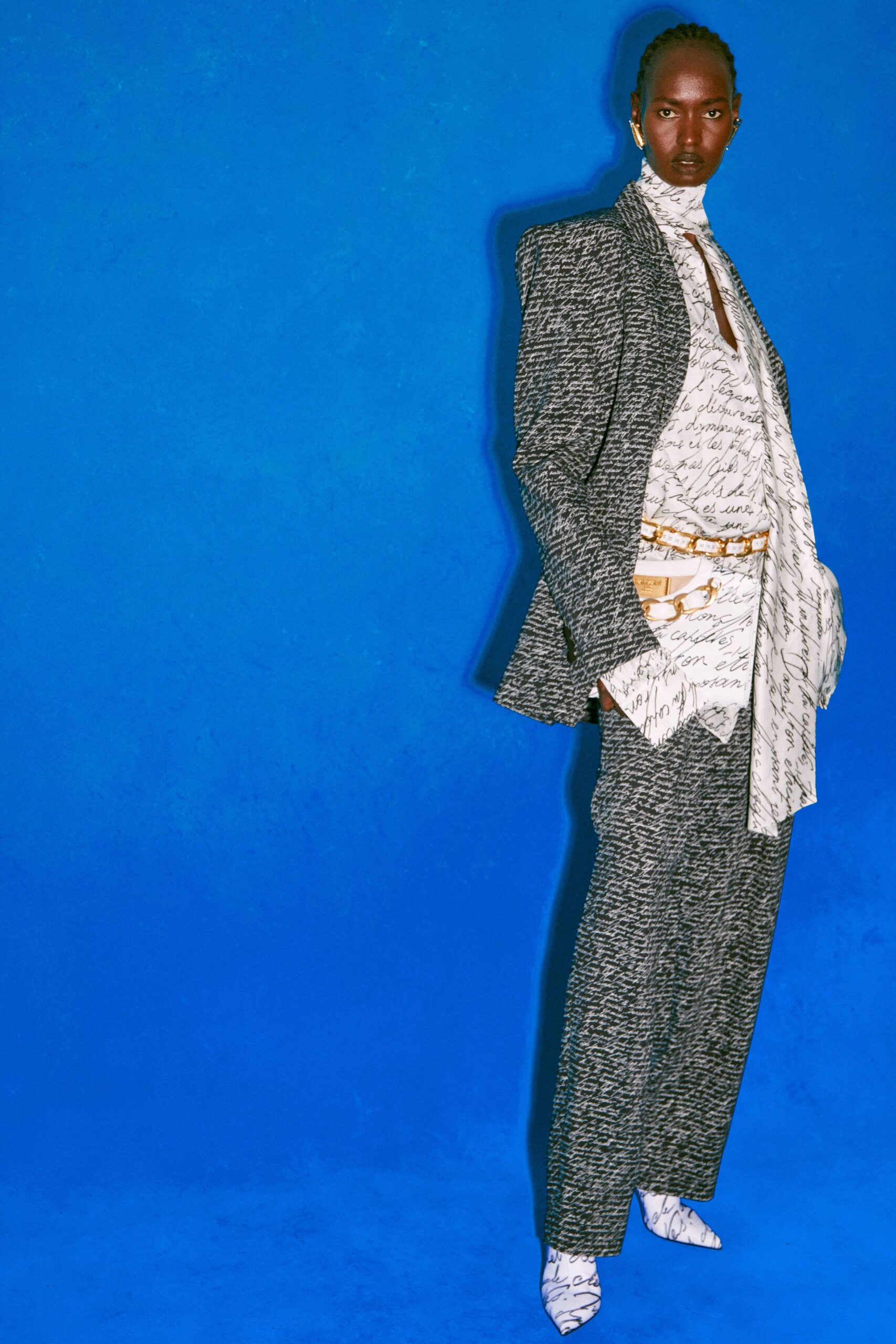 black and white printed suit