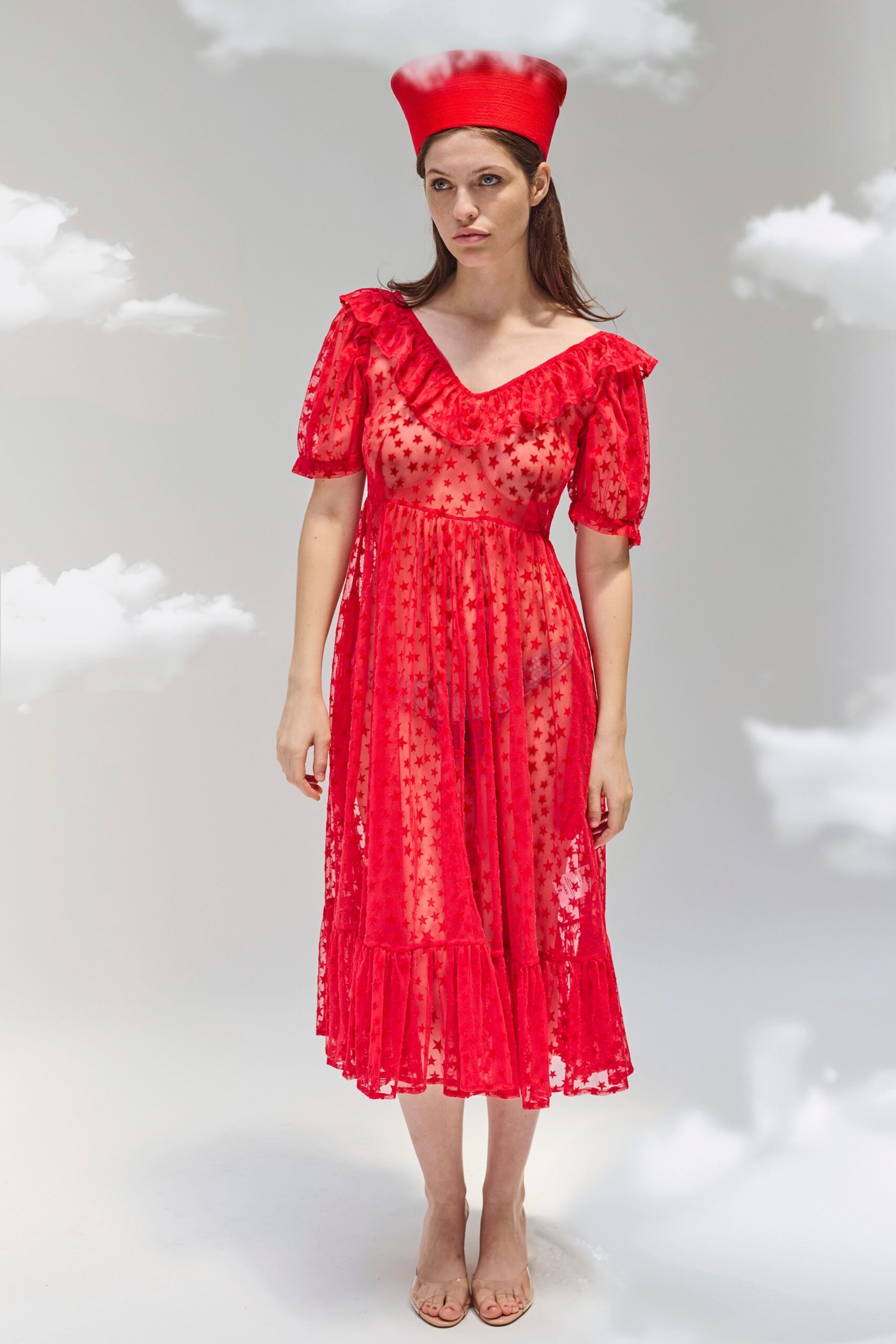 red lace short-sleeve v-neck fitted ruffled pleated dress