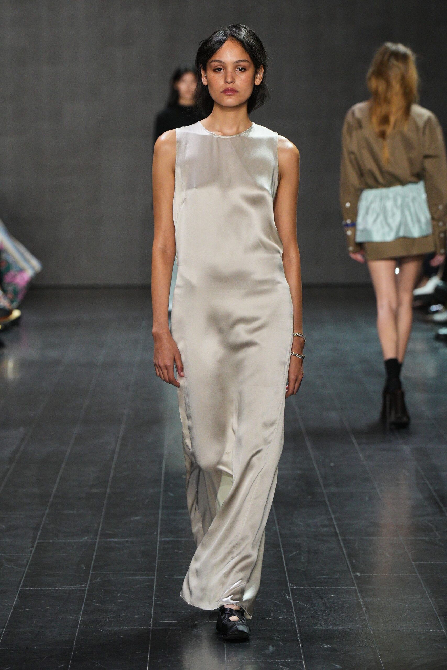 ivory silk sleeveless high-neck fitted straight-leg shiny dress