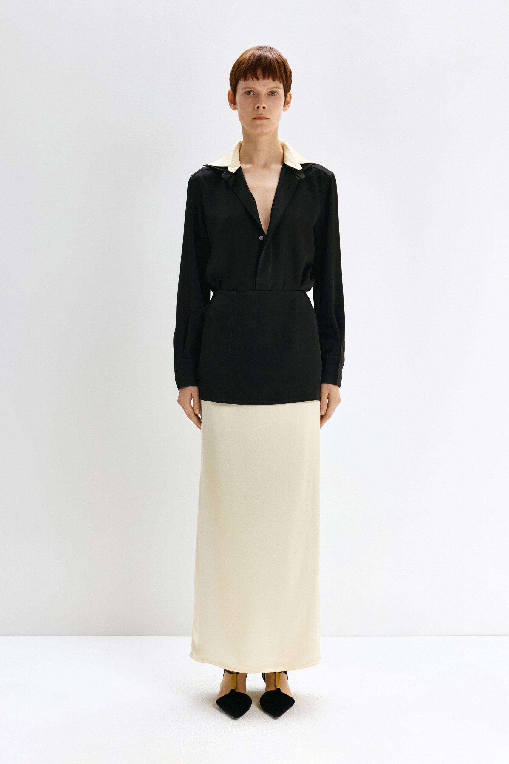 black cotton long-sleeve collared fitted buttoned maxi shirt-dress