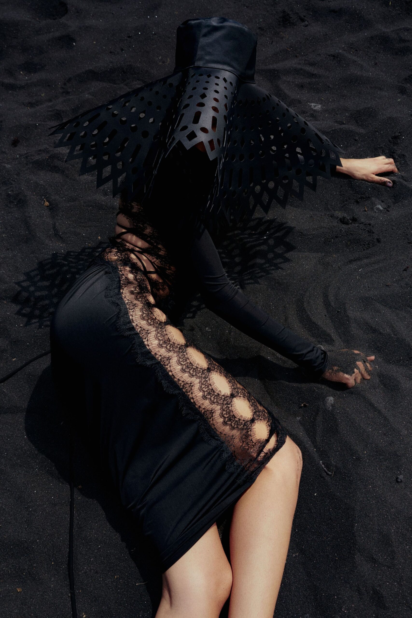 black silk long-sleeve high-neck fitted ruched textured dress