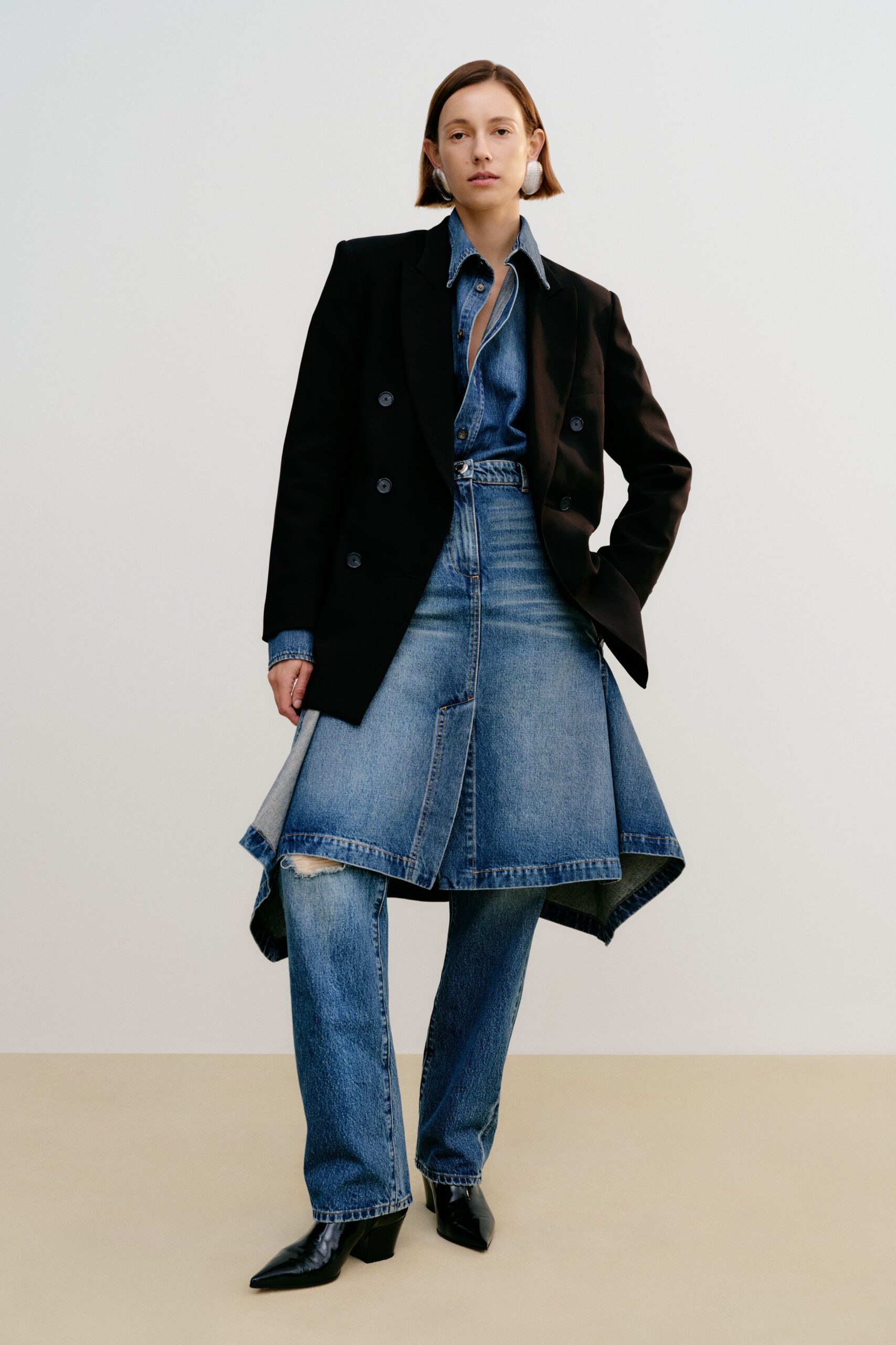 blue denim long-sleeve collared structured buttoned shirt