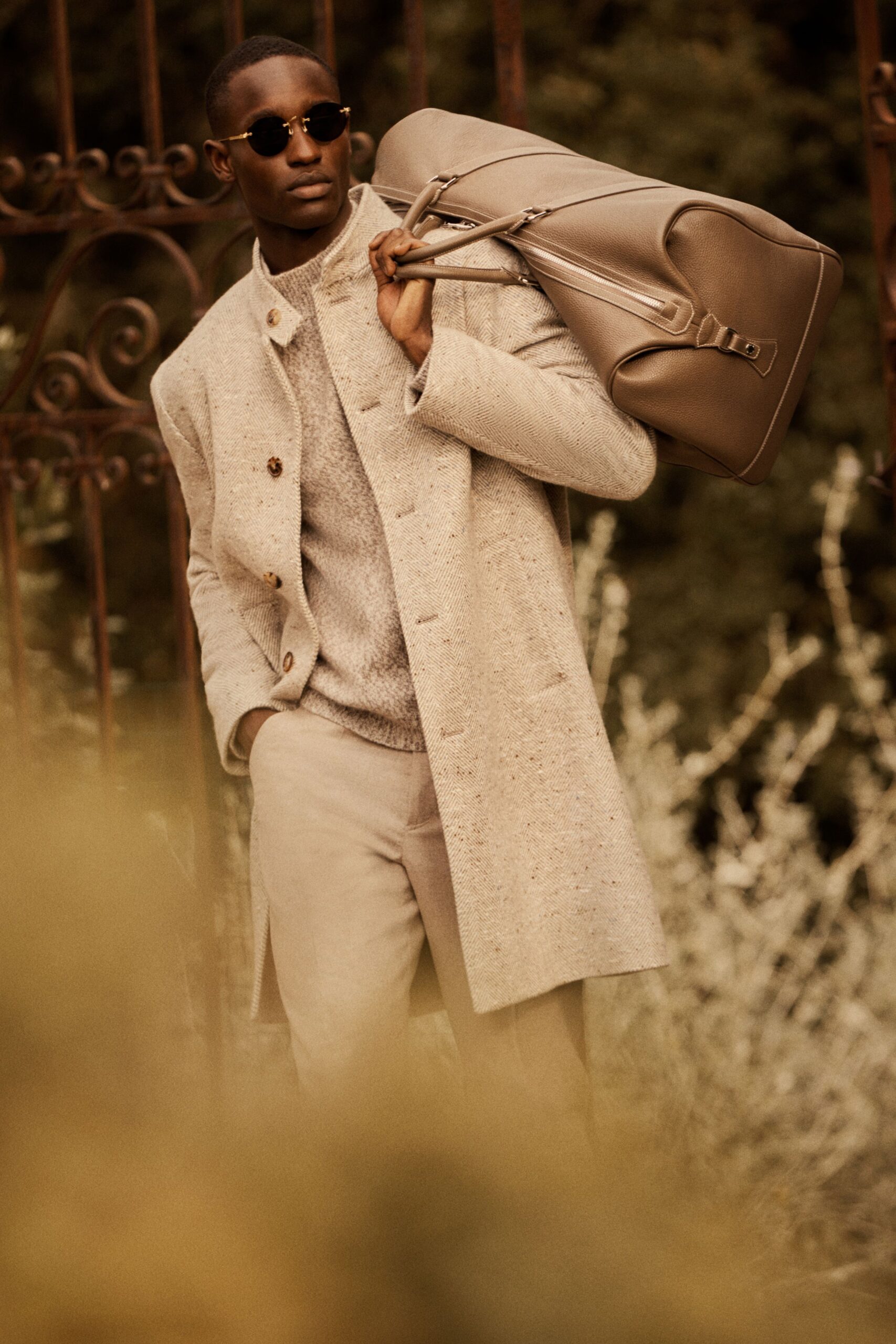 beige wool long-sleeve collared fitted buttoned coat