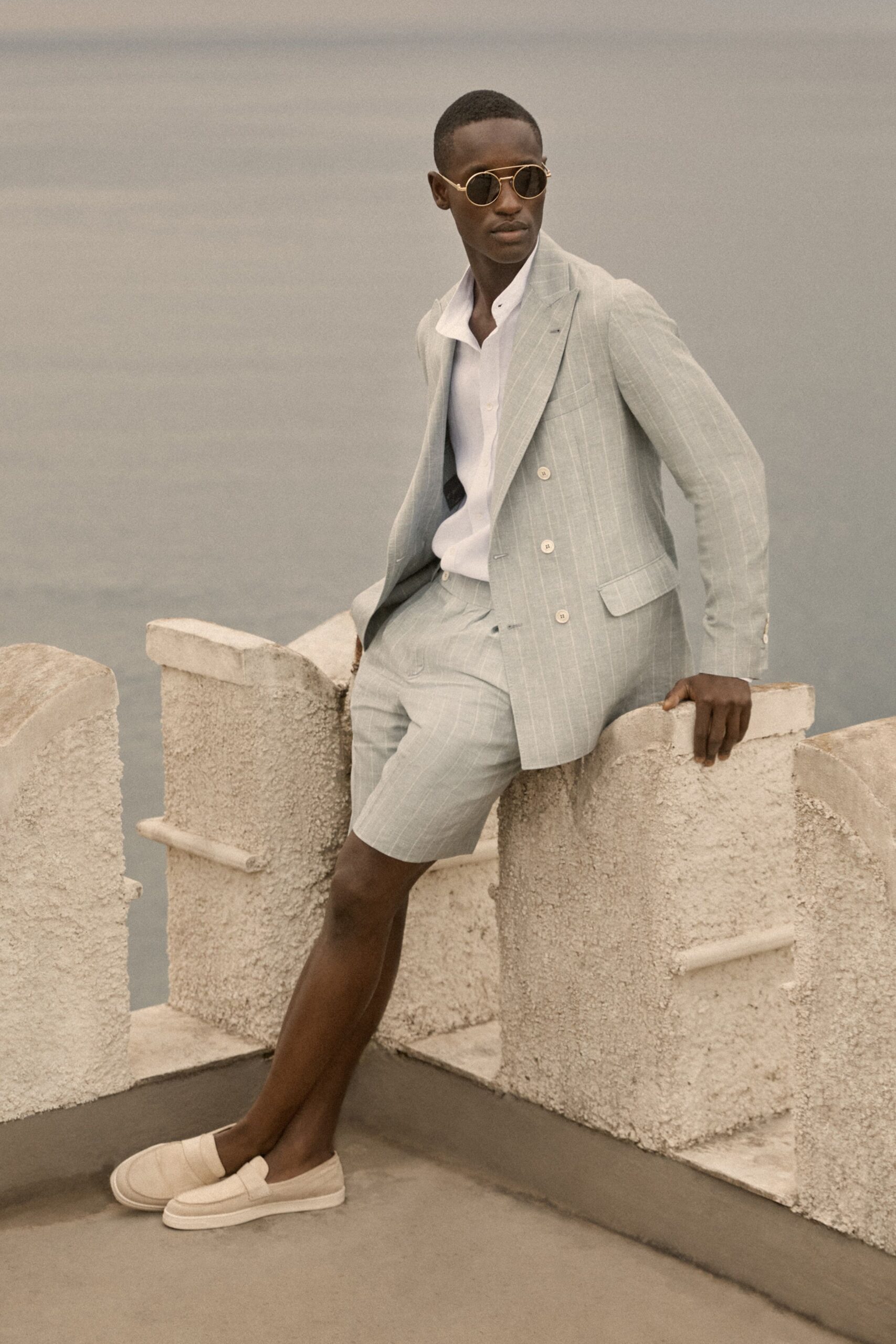 light blue tailored suit with shorts