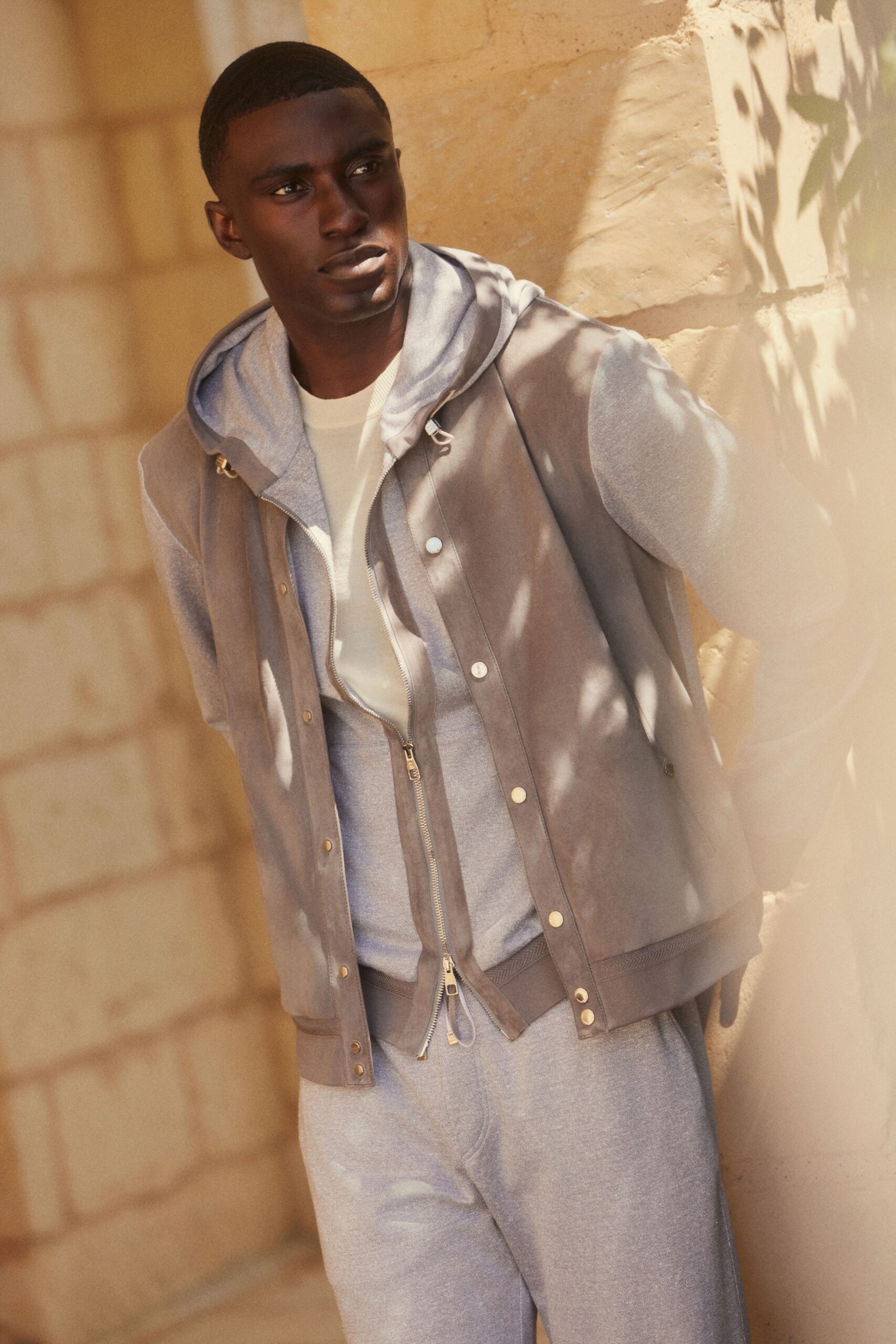 gray suede hooded long-sleeve structured buttoned zippered jacket