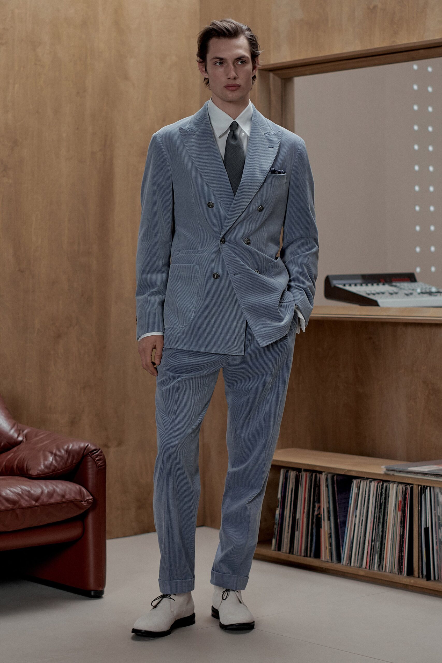 blue tailored suit with white shirt