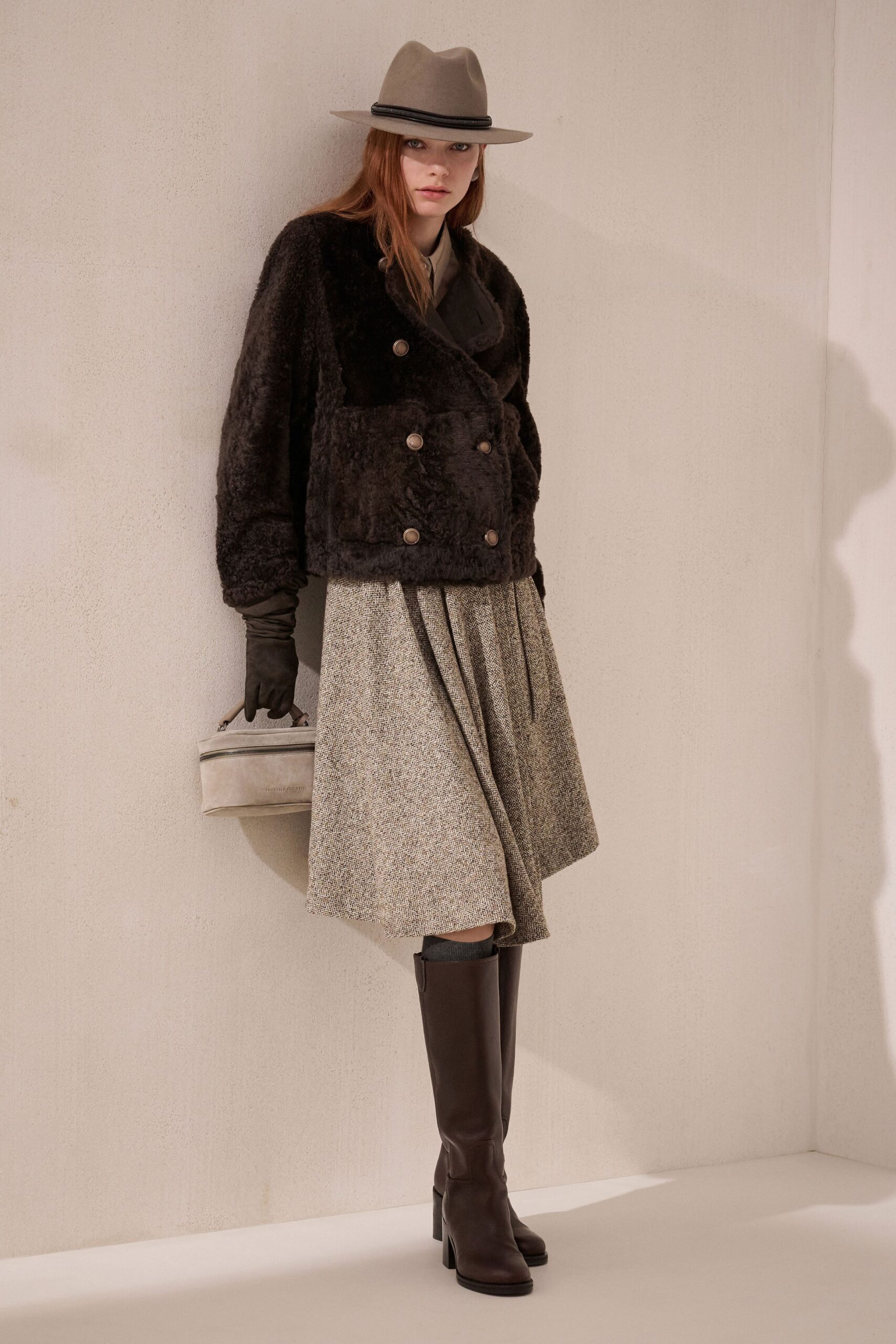 brown faux-fur long-sleeve collared relaxed buttoned jacket