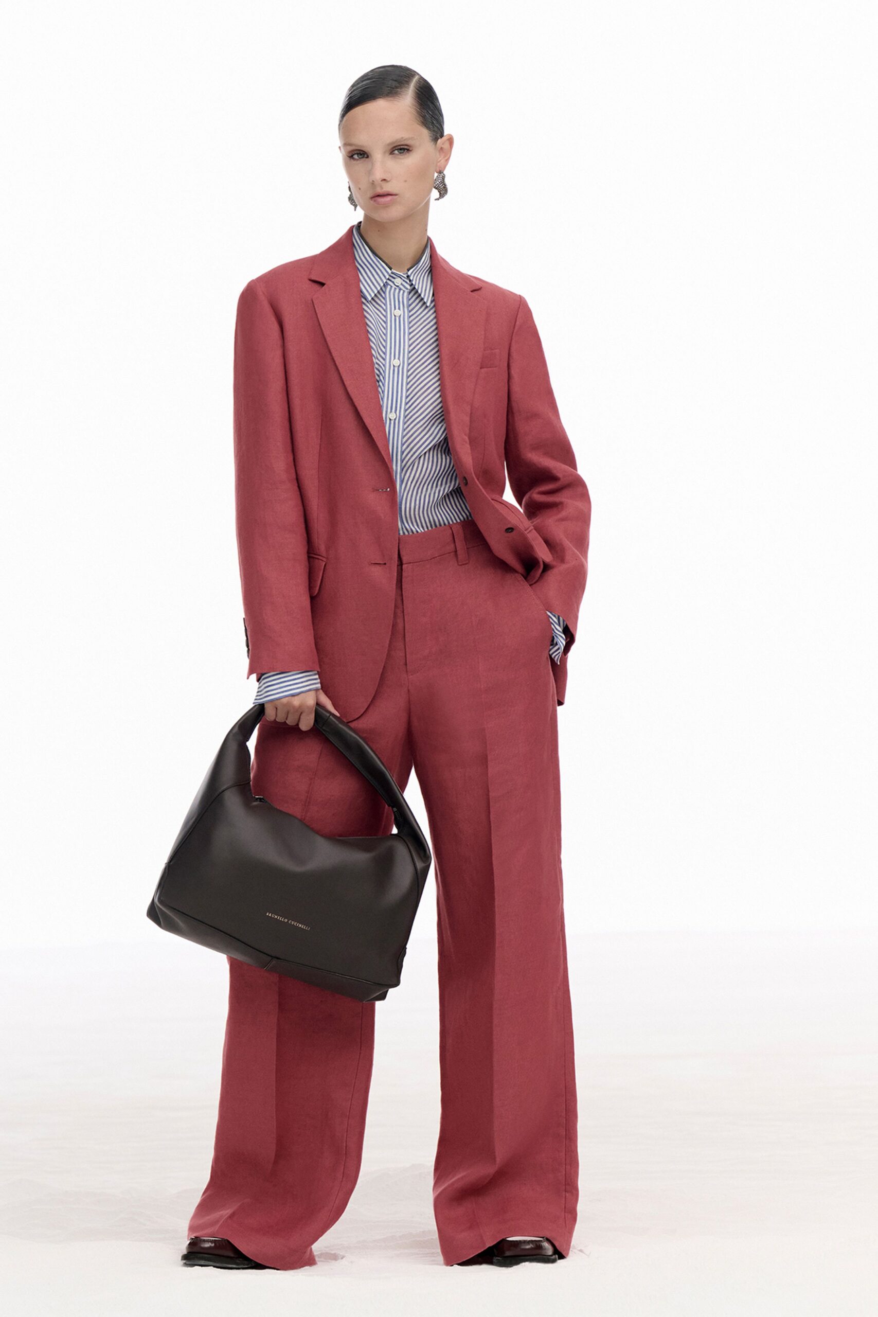 red cotton long-sleeve collared tailored buttoned wide-leg suit