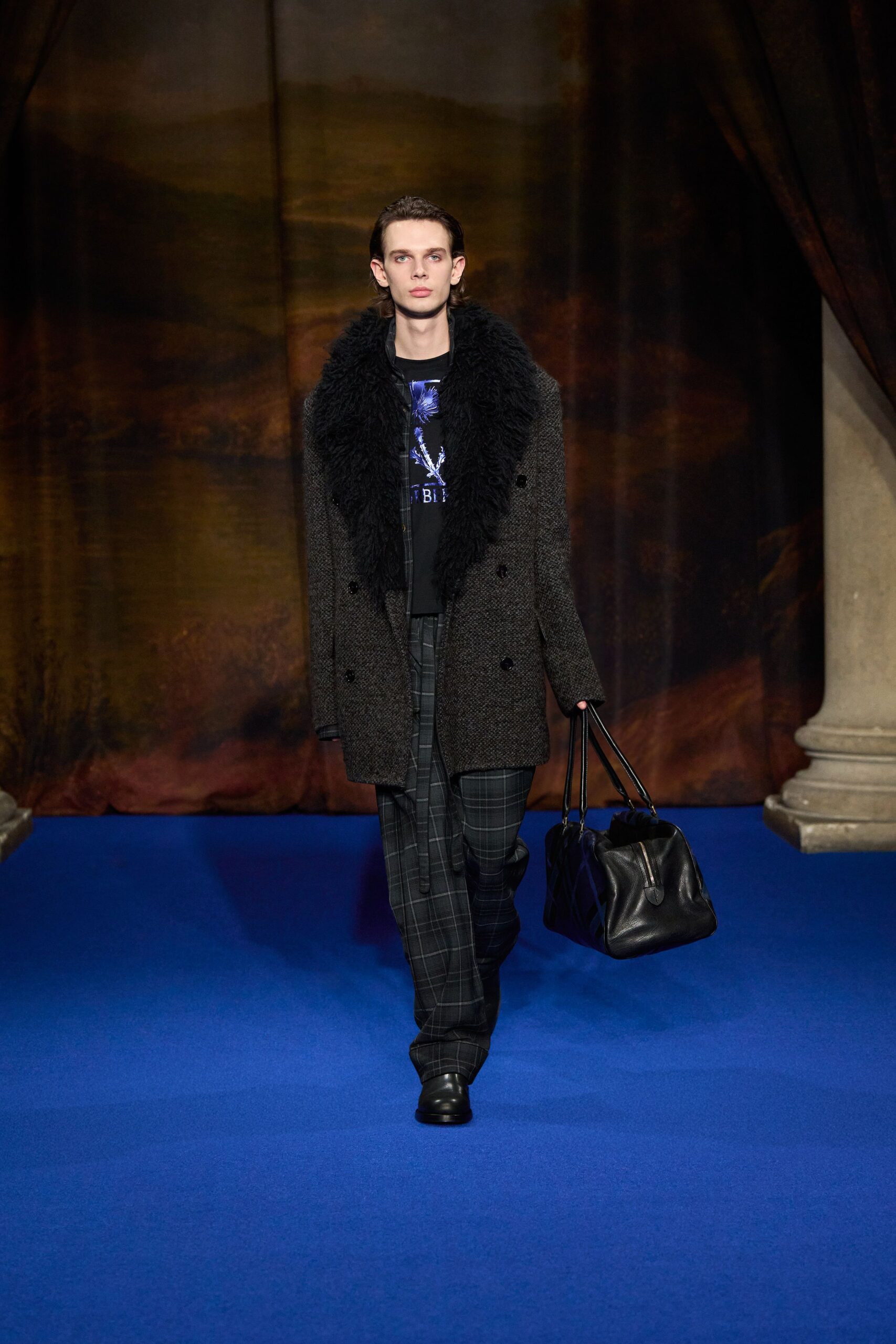 black wool coat with checked pants