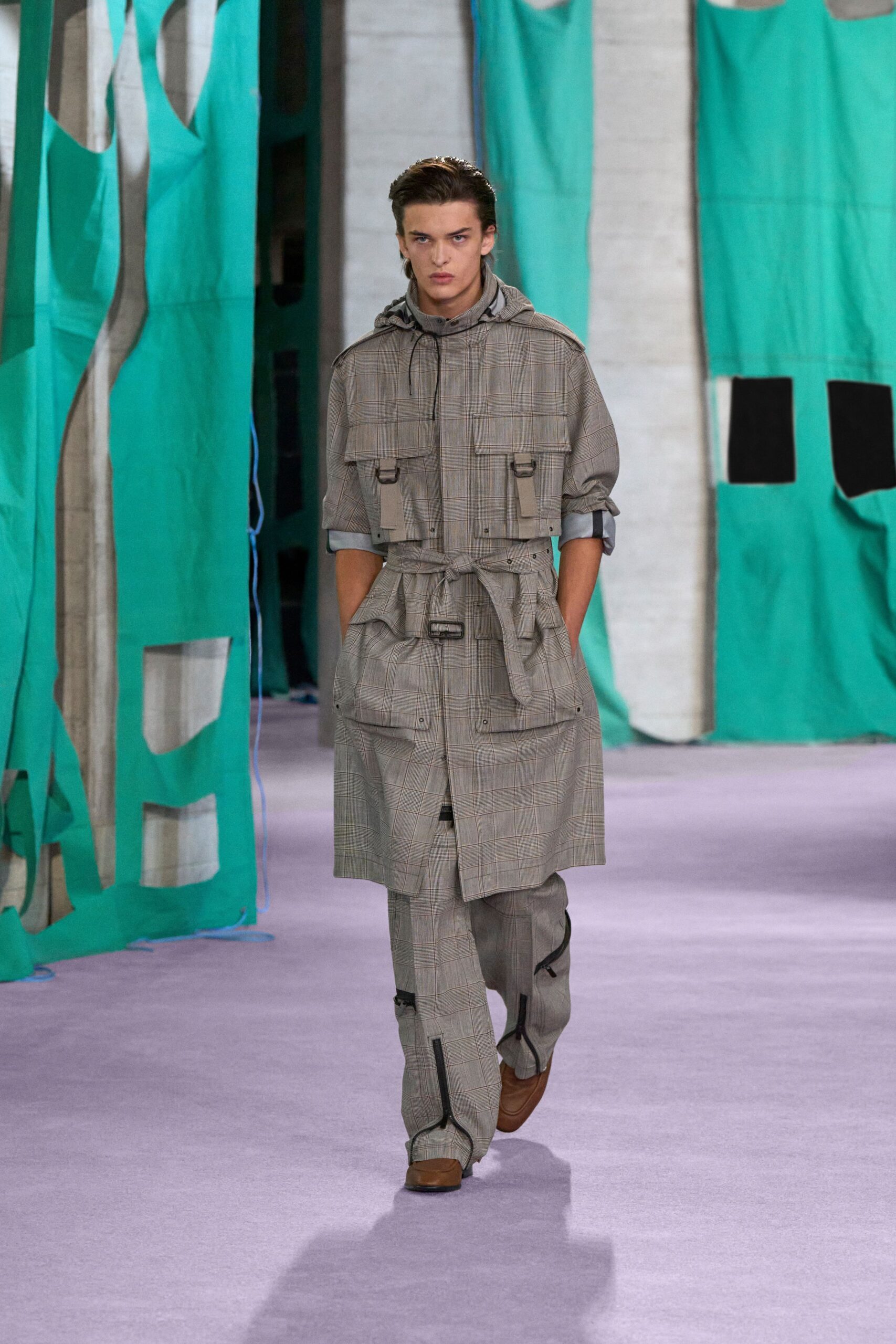 gray cotton long-sleeve collared relaxed belted buttoned trench
