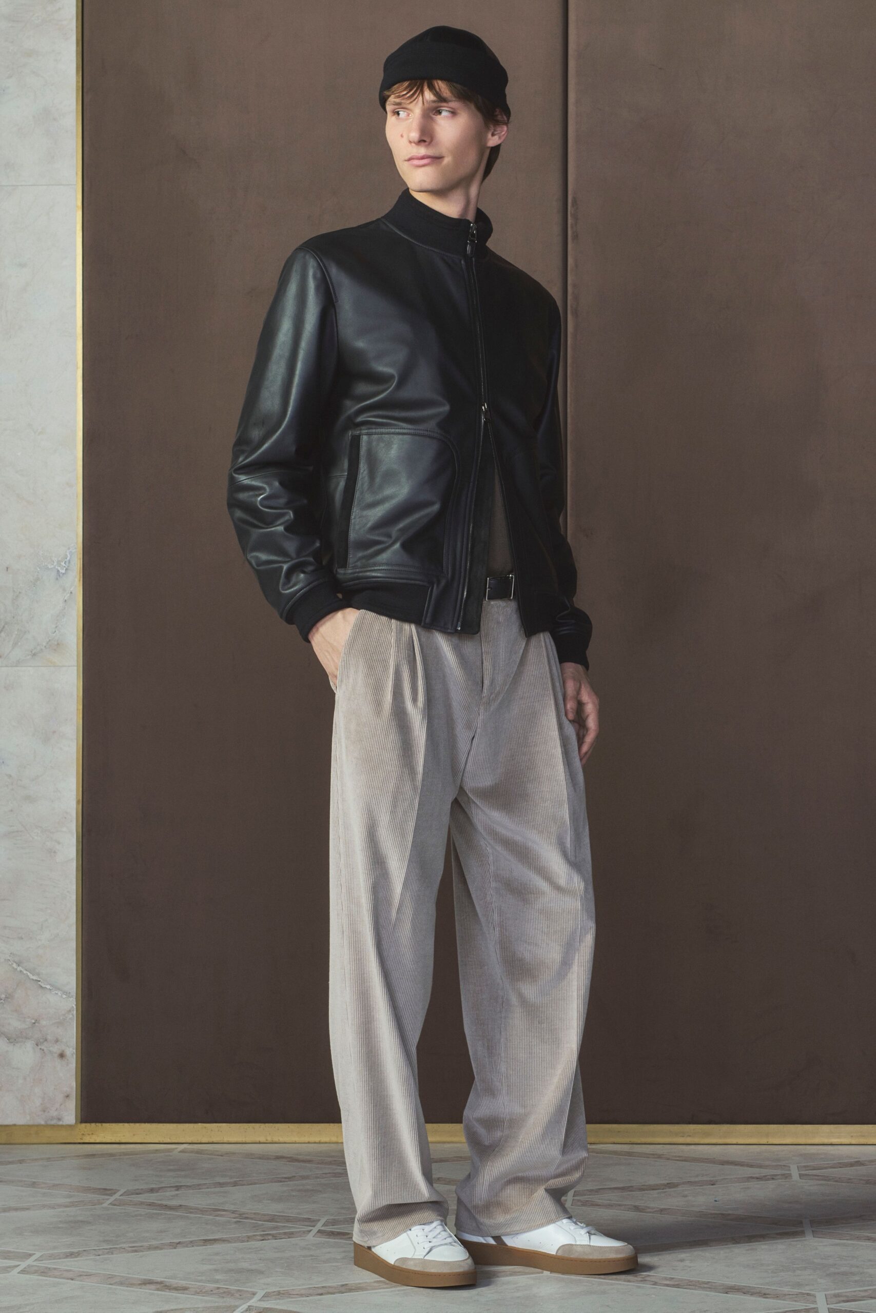 black leather jacket gray pants