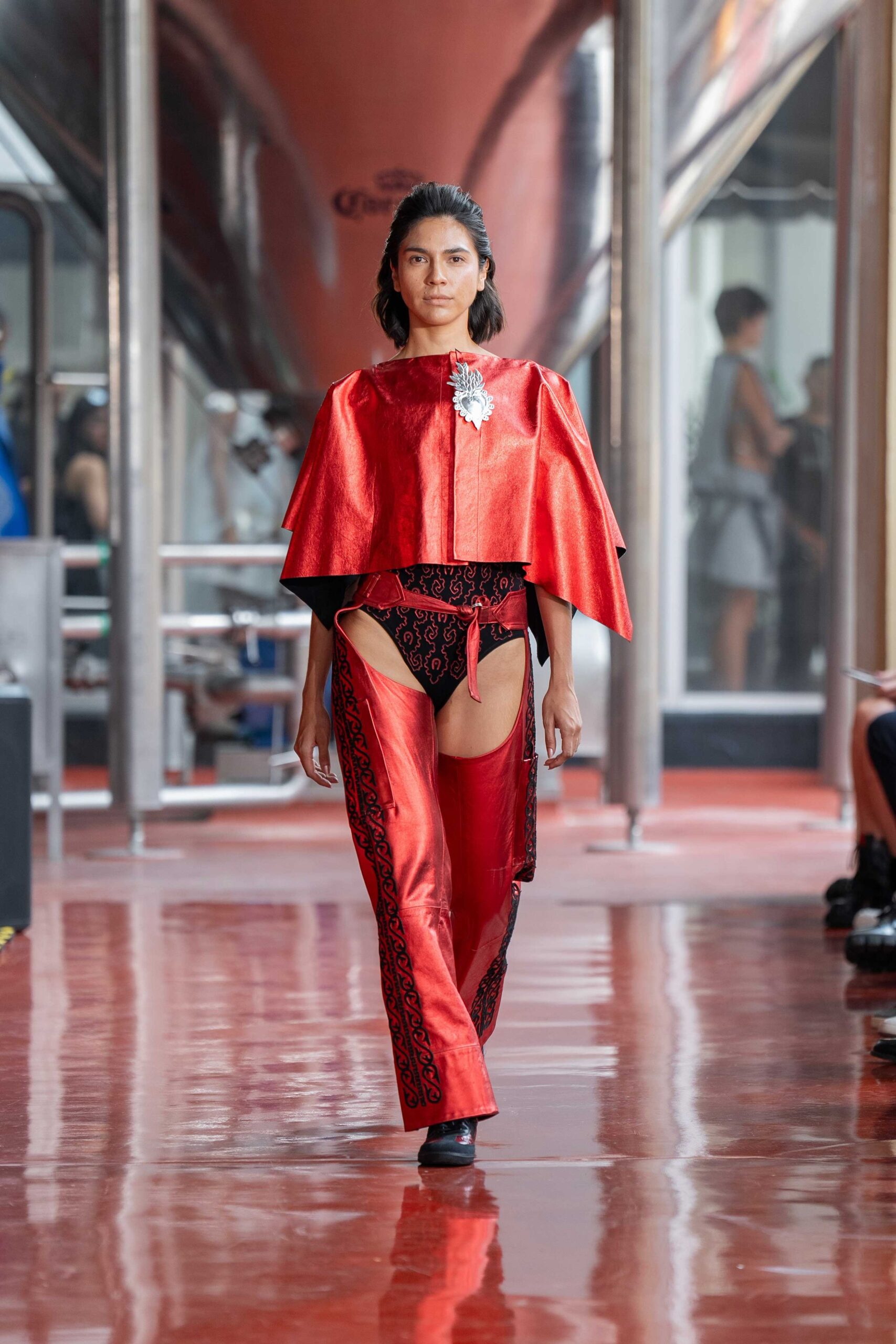 red silk fitted high-waisted flared pants